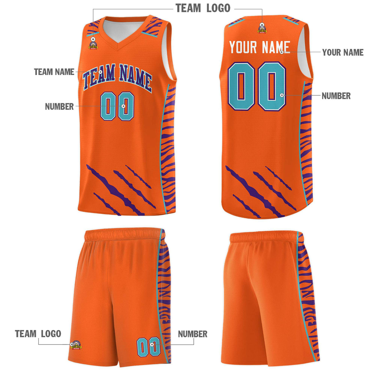 Custom Orange Personalized Tiger Claw Pattern Sports Uniform Basketball Jersey