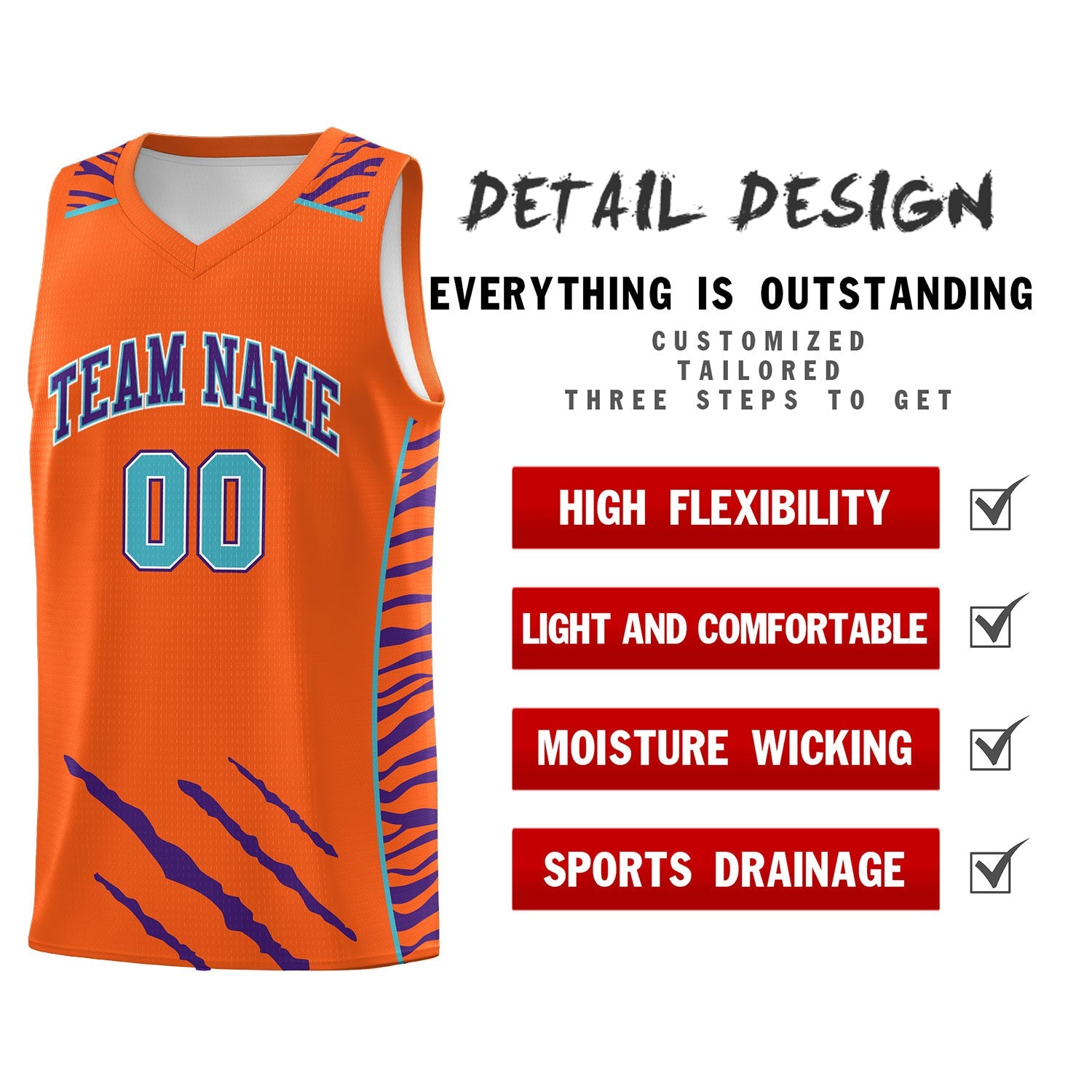 Custom Orange Personalized Tiger Claw Pattern Sports Uniform Basketball Jersey