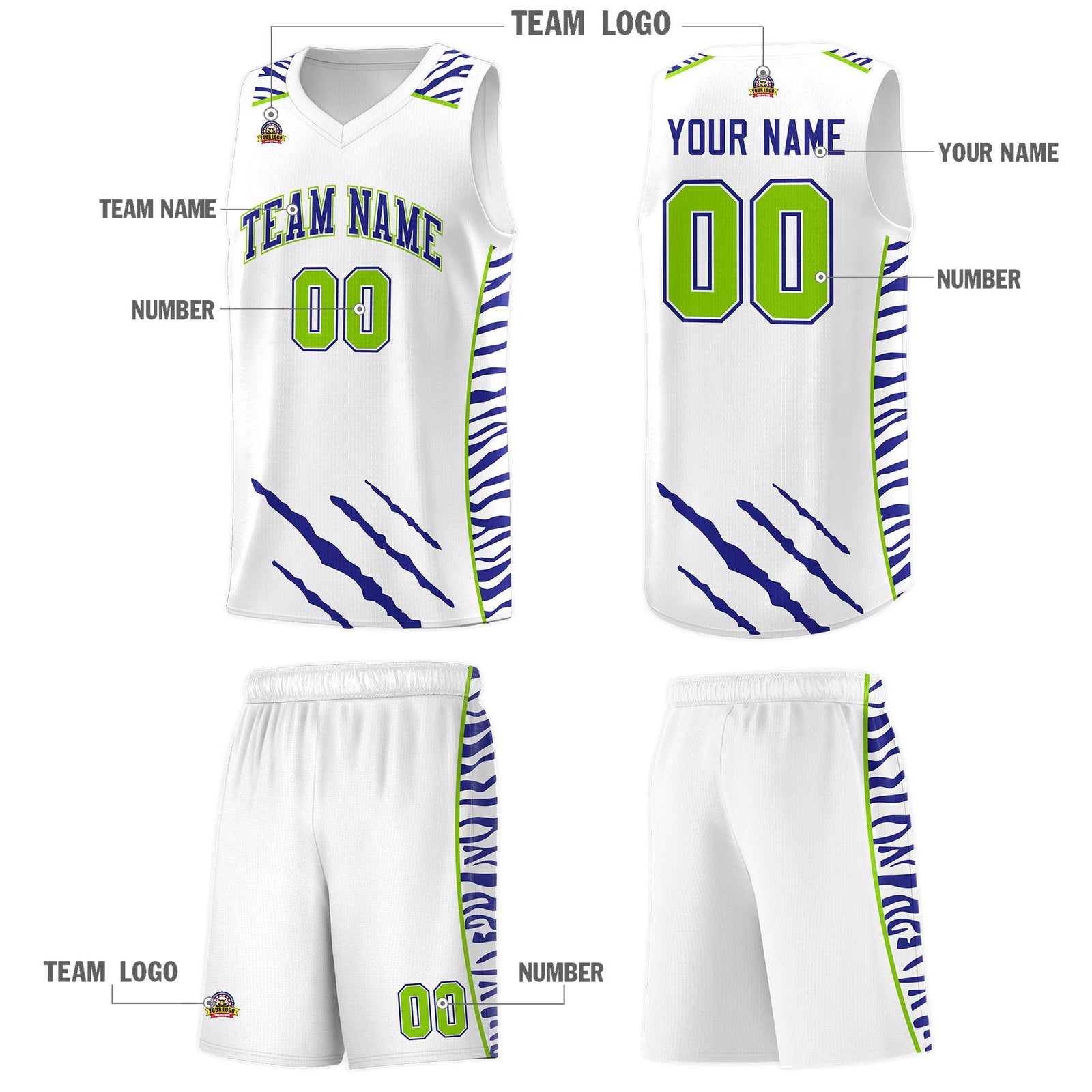 Custom White Personalized Tiger Claw Pattern Sports Uniform Basketball Jersey