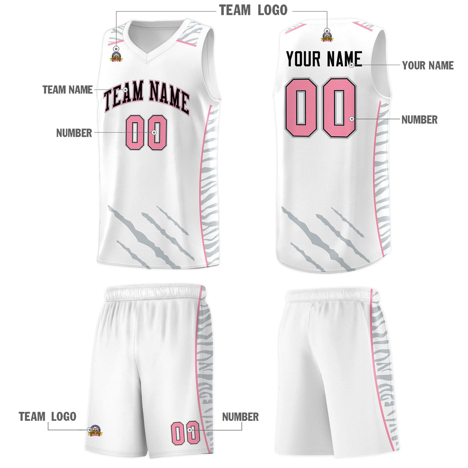 Custom White Personalized Tiger Claw Pattern Sports Uniform Basketball Jersey