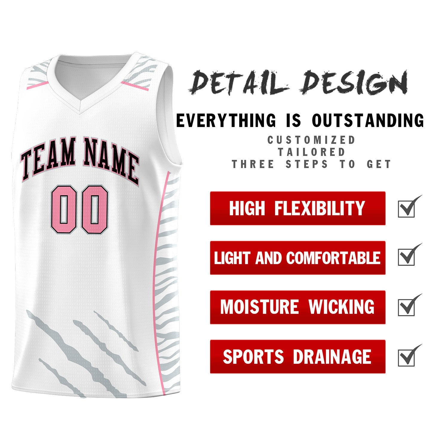 Custom White Personalized Tiger Claw Pattern Sports Uniform Basketball Jersey