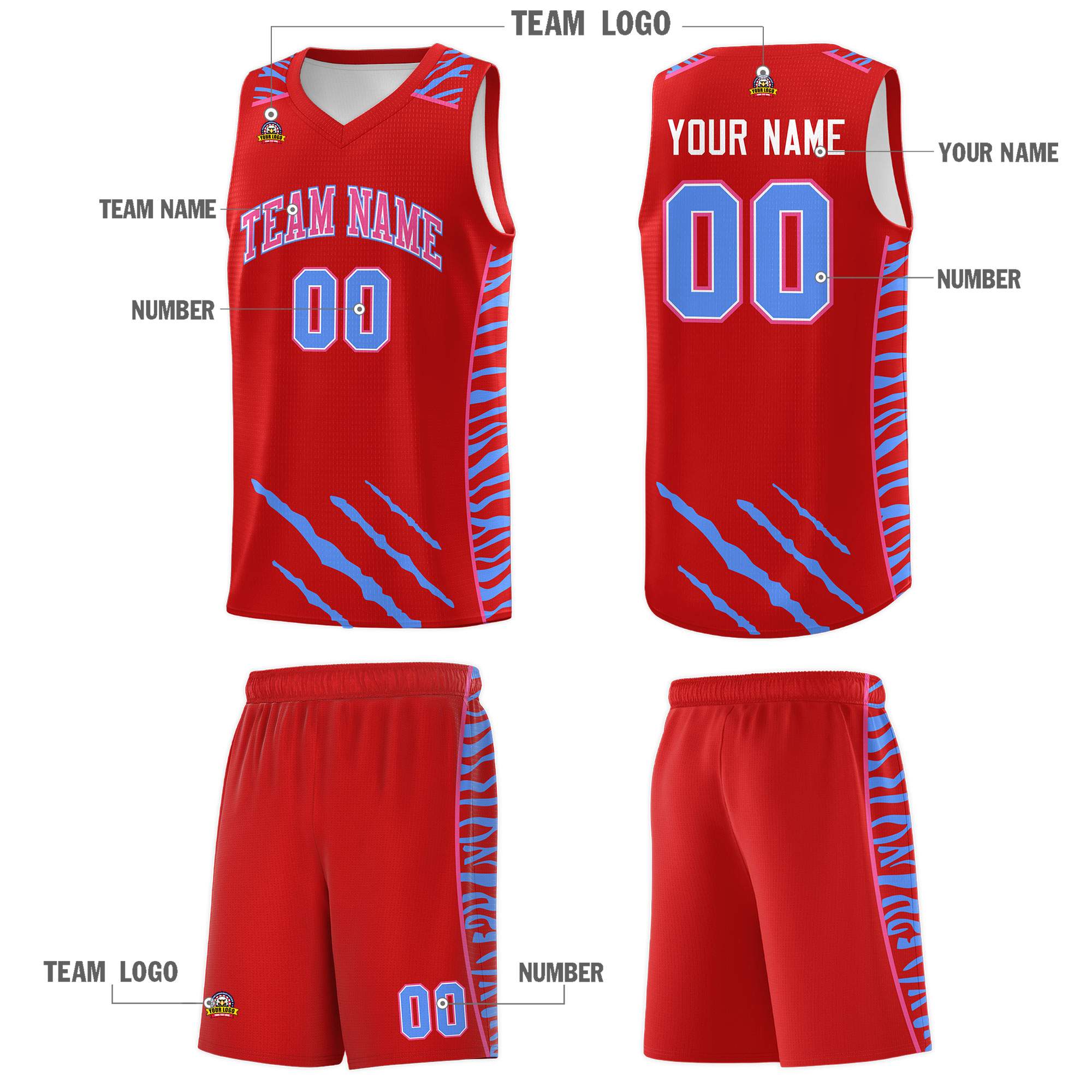 Custom Red Personalized Tiger Claw Pattern Sports Uniform Basketball Jersey
