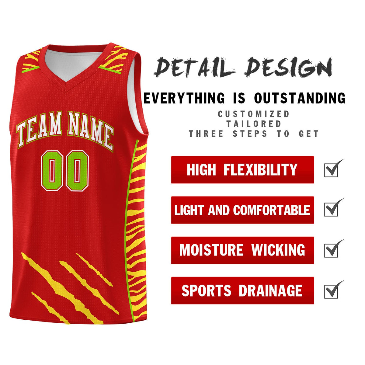 Custom Red Personalized Tiger Claw Pattern Sports Uniform Basketball Jersey