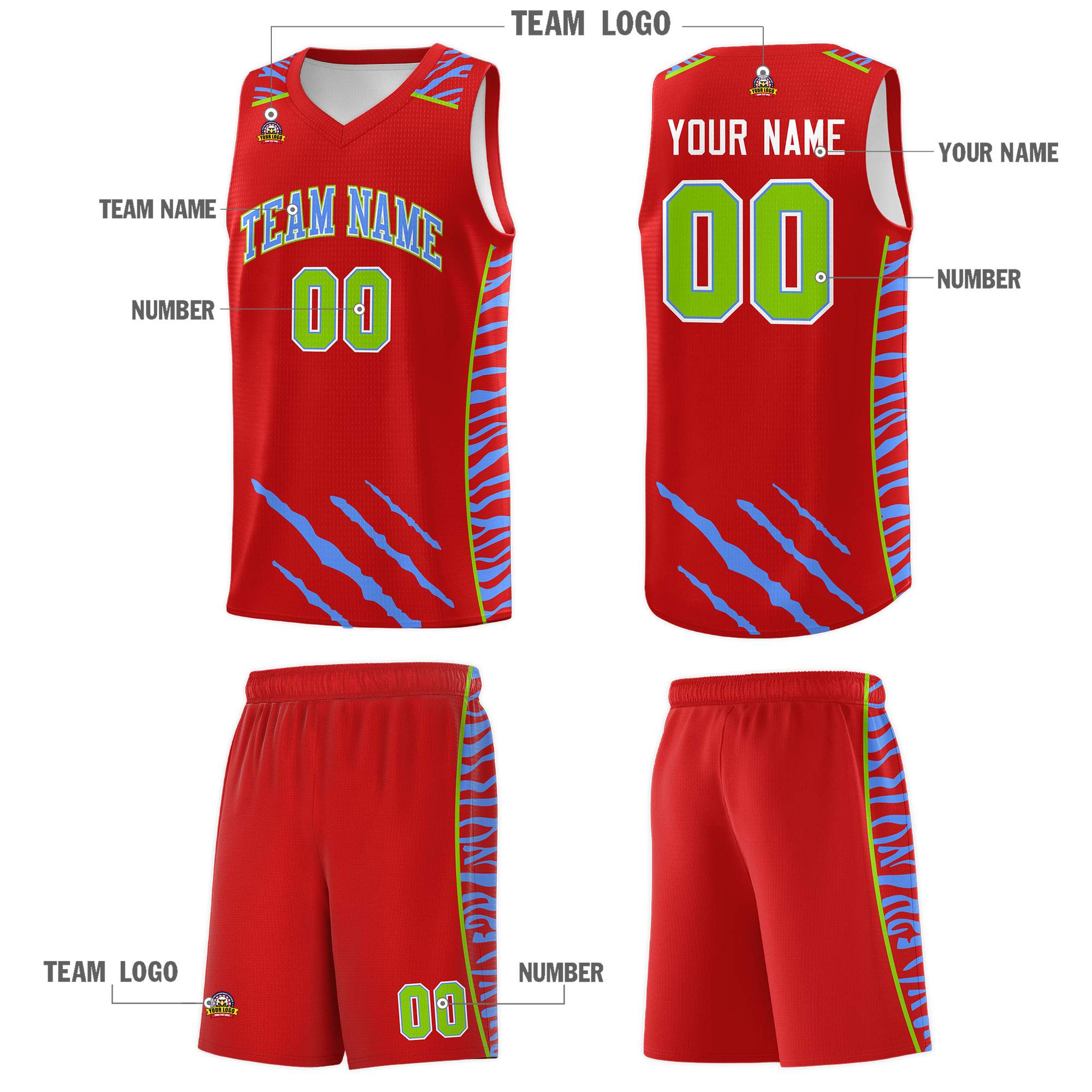 Custom Red Personalized Tiger Claw Pattern Sports Uniform Basketball Jersey