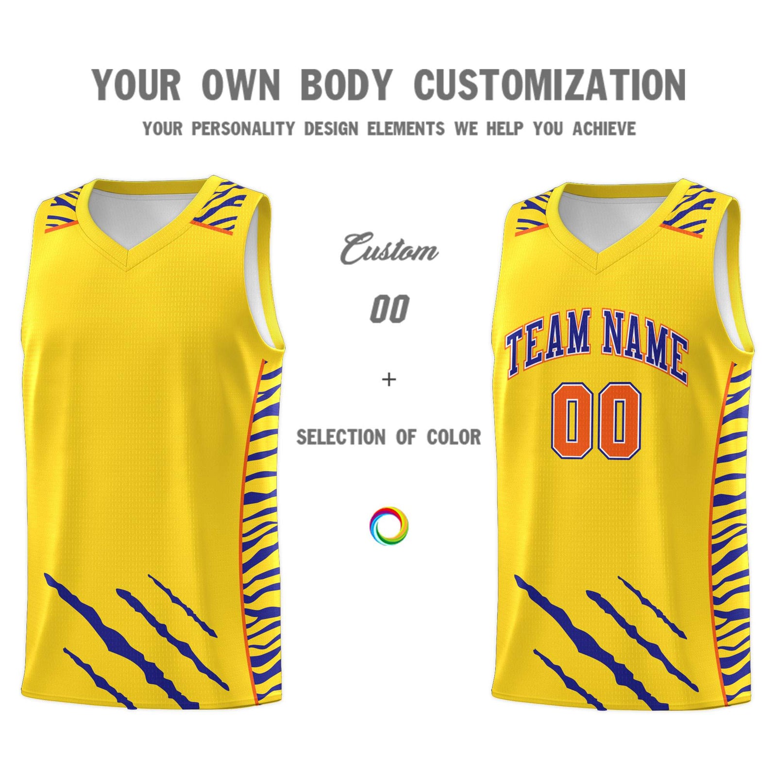Custom Gold Personalized Tiger Claw Pattern Sports Uniform Basketball Jersey
