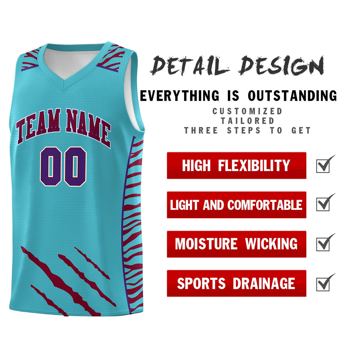 Custom Sky Blue Personalized Tiger Claw Pattern Sports Uniform Basketball Jersey