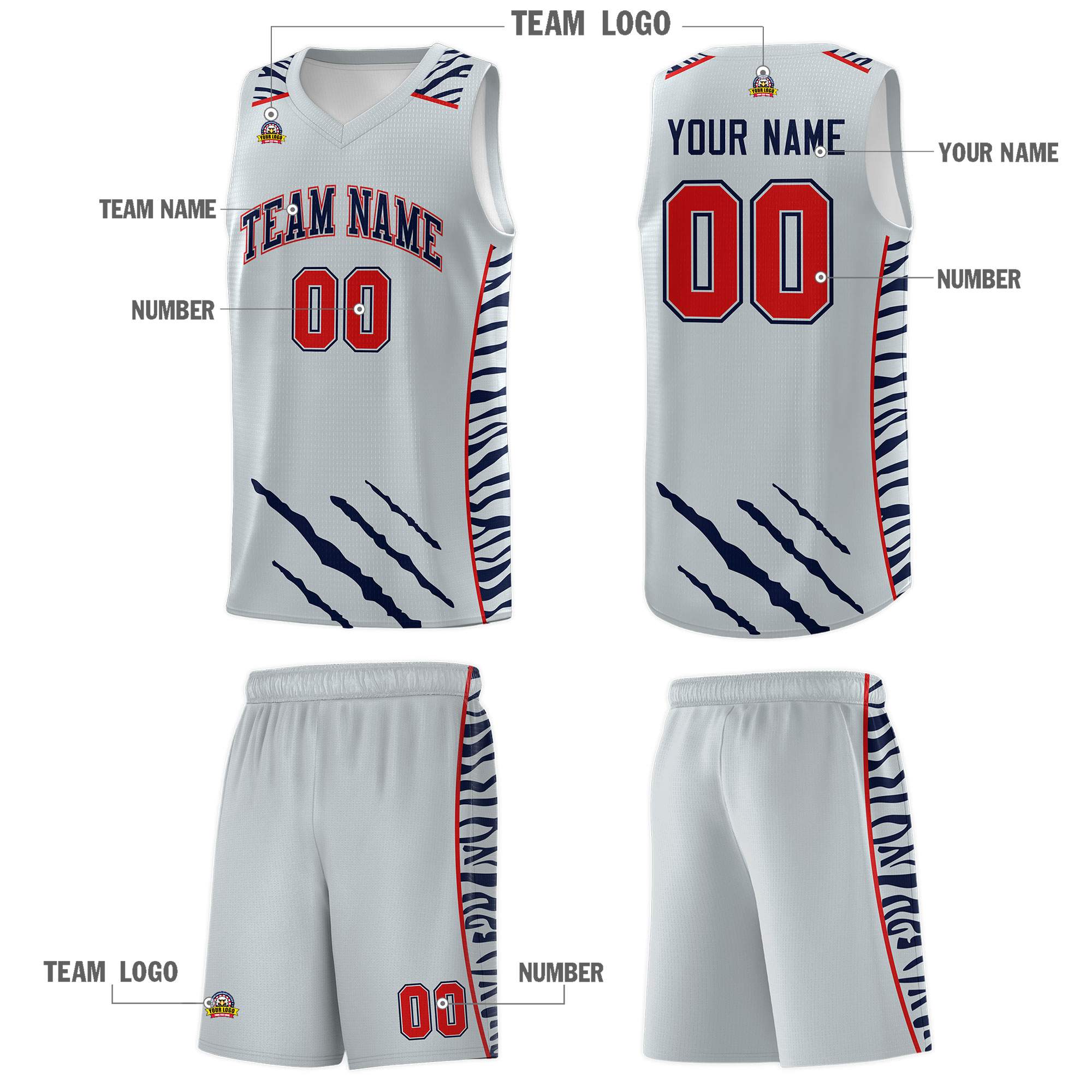 Custom Silver Personalized Tiger Claw Pattern Sports Uniform Basketball Jersey