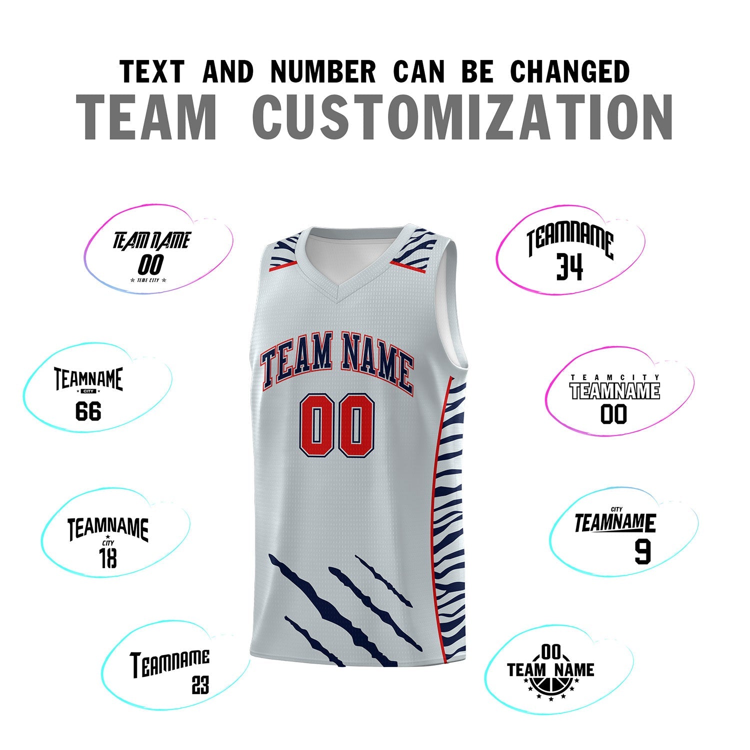 Custom Silver Personalized Tiger Claw Pattern Sports Uniform Basketball Jersey