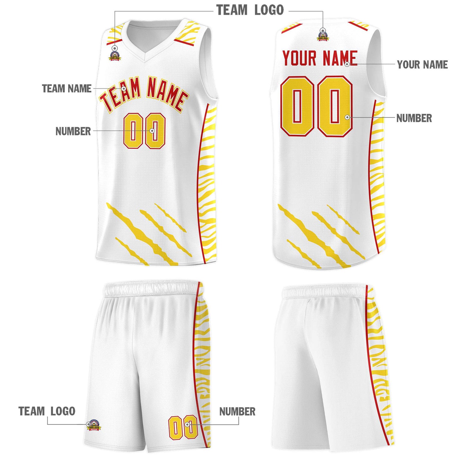 Custom White Personalized Tiger Claw Pattern Sports Uniform Basketball Jersey