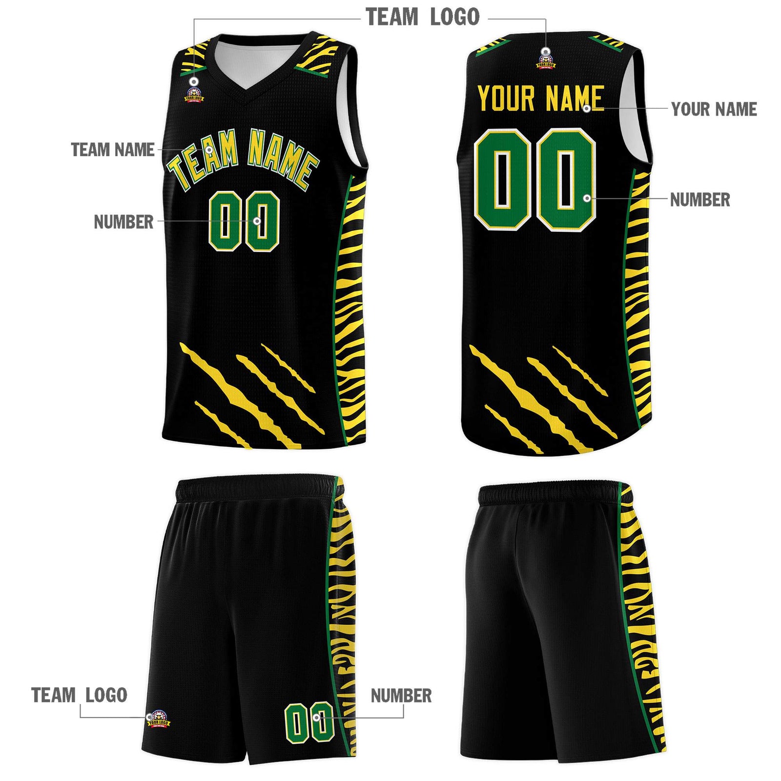 Custom Black Personalized Tiger Claw Pattern Sports Uniform Basketball Jersey