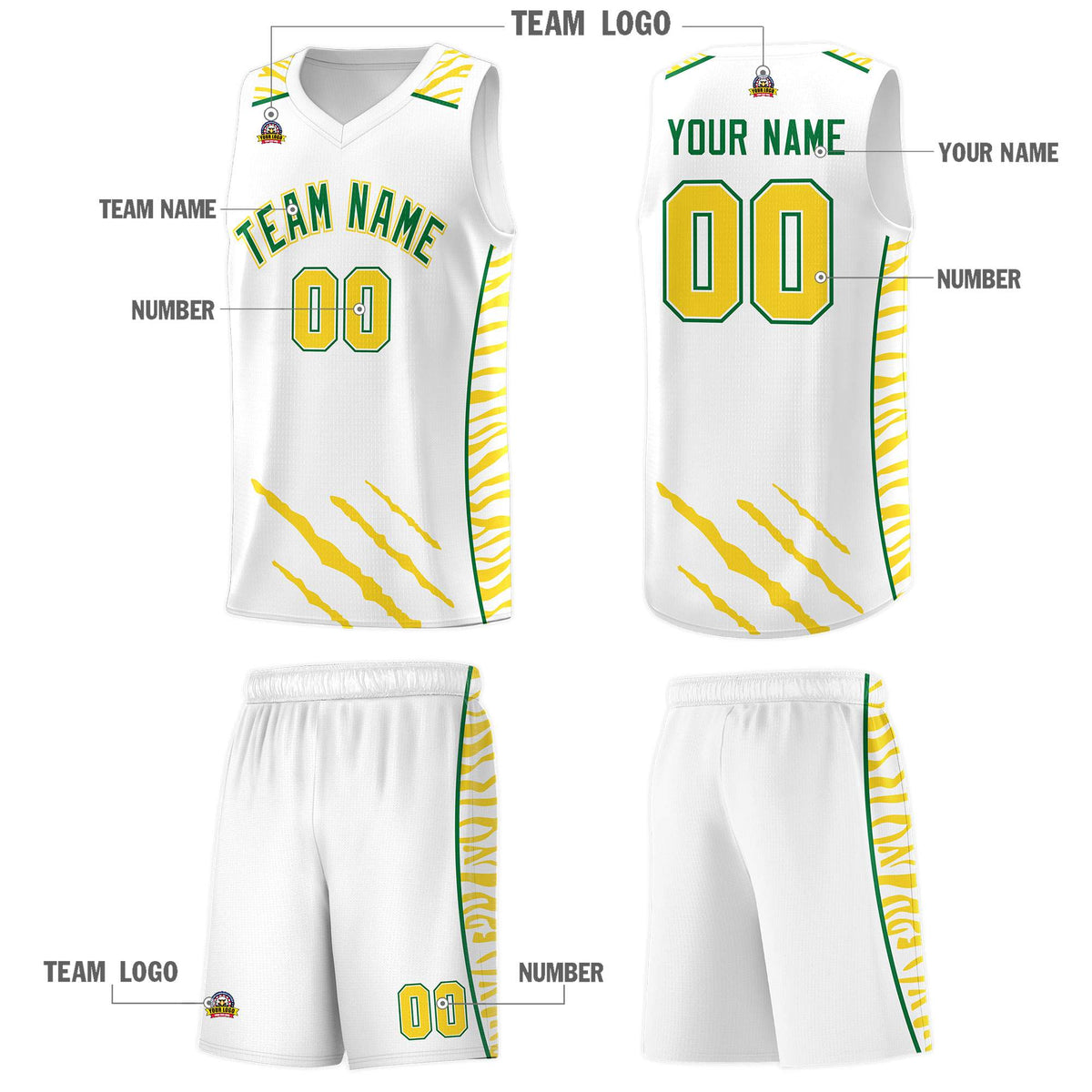 Custom White Personalized Tiger Claw Pattern Sports Uniform Basketball Jersey