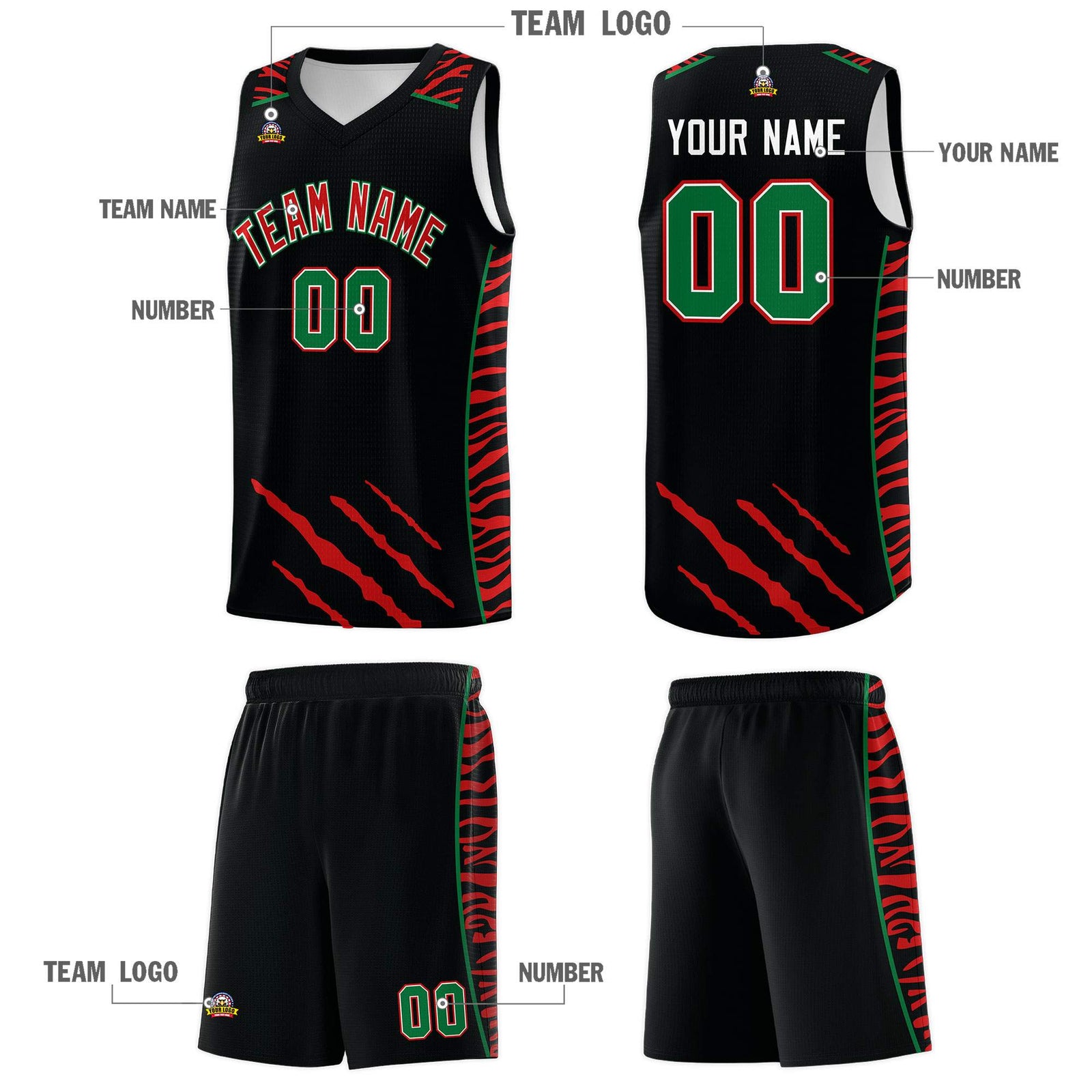 Custom Black Personalized Tiger Claw Pattern Sports Uniform Basketball Jersey