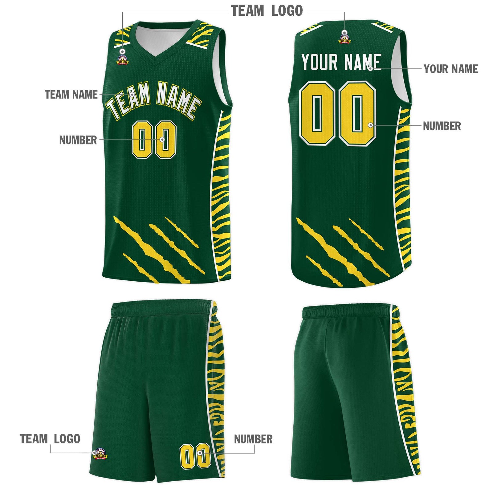 Custom Green Personalized Tiger Claw Pattern Sports Uniform Basketball Jersey