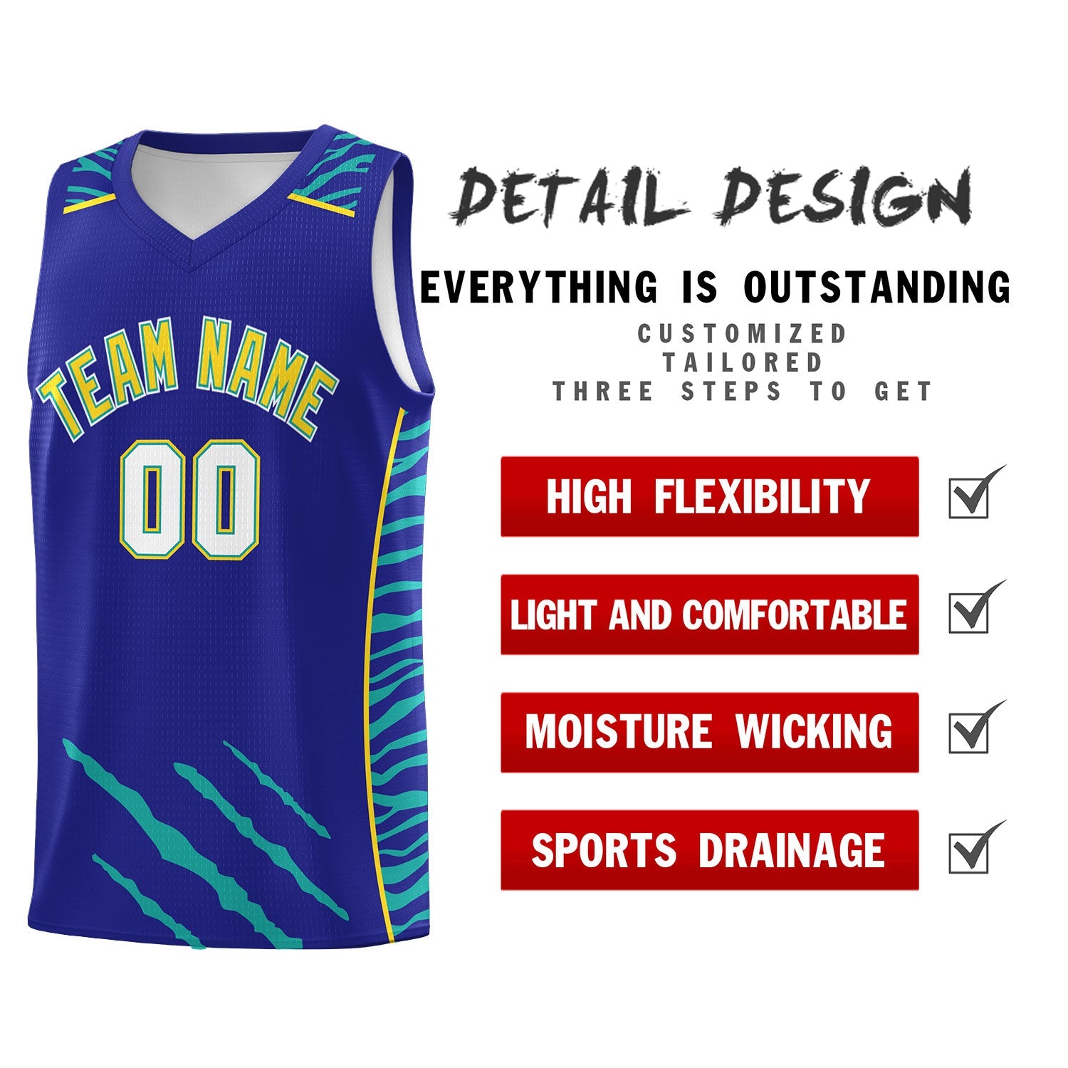 Custom Royal Personalized Tiger Claw Pattern Sports Uniform Basketball Jersey