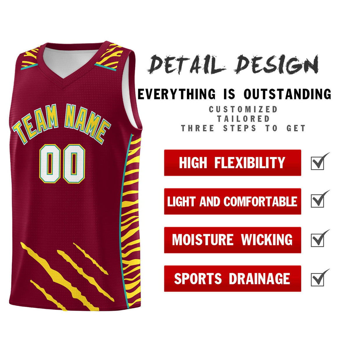 Custom Crimson Personalized Tiger Claw Pattern Sports Uniform Basketball Jersey