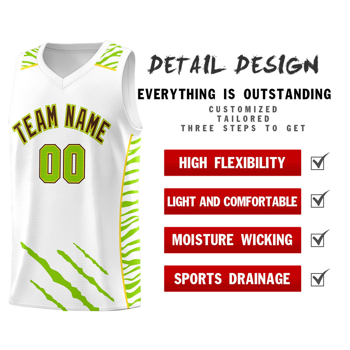 Custom White Personalized Tiger Claw Pattern Sports Uniform Basketball Jersey