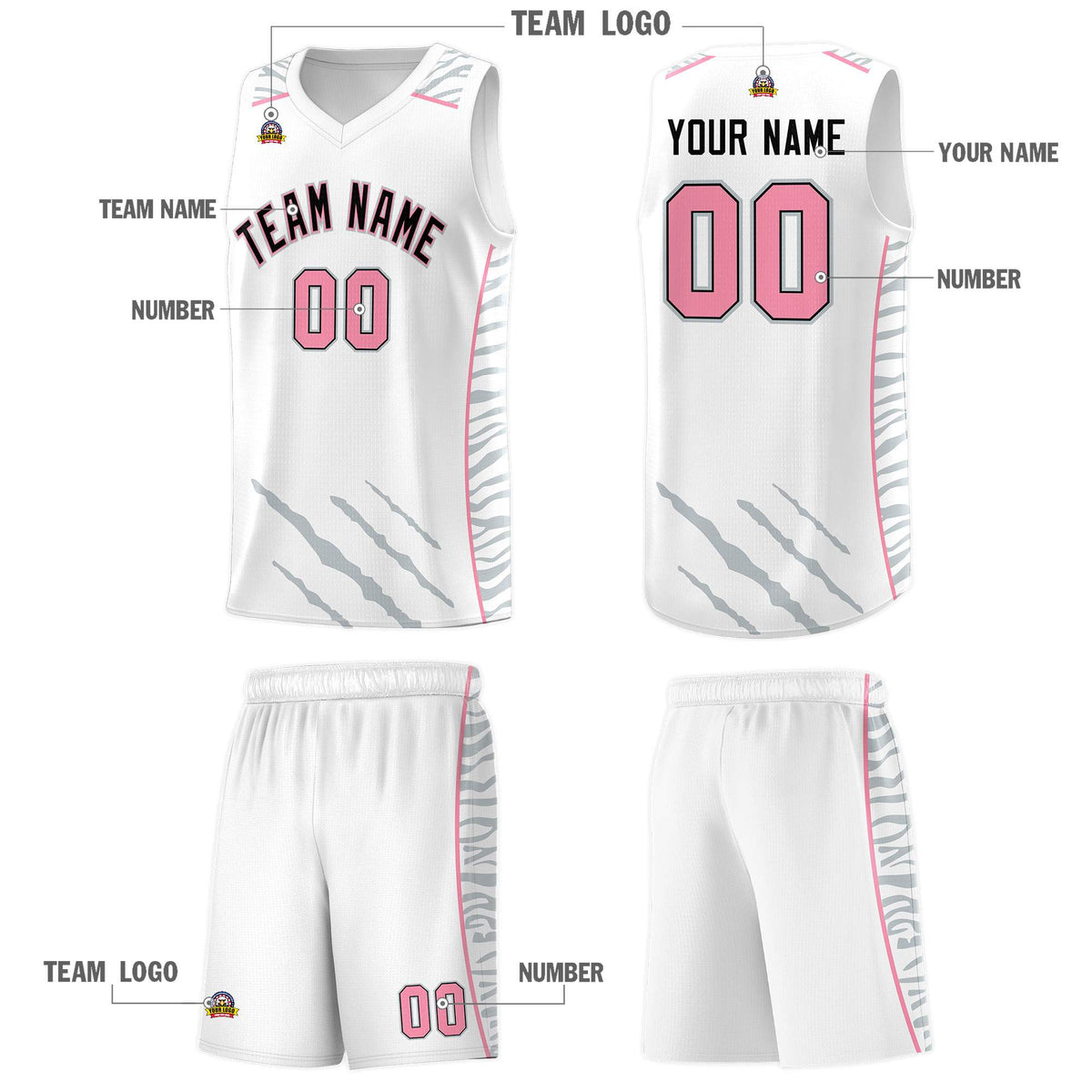 Custom White Personalized Tiger Claw Pattern Sports Uniform Basketball Jersey