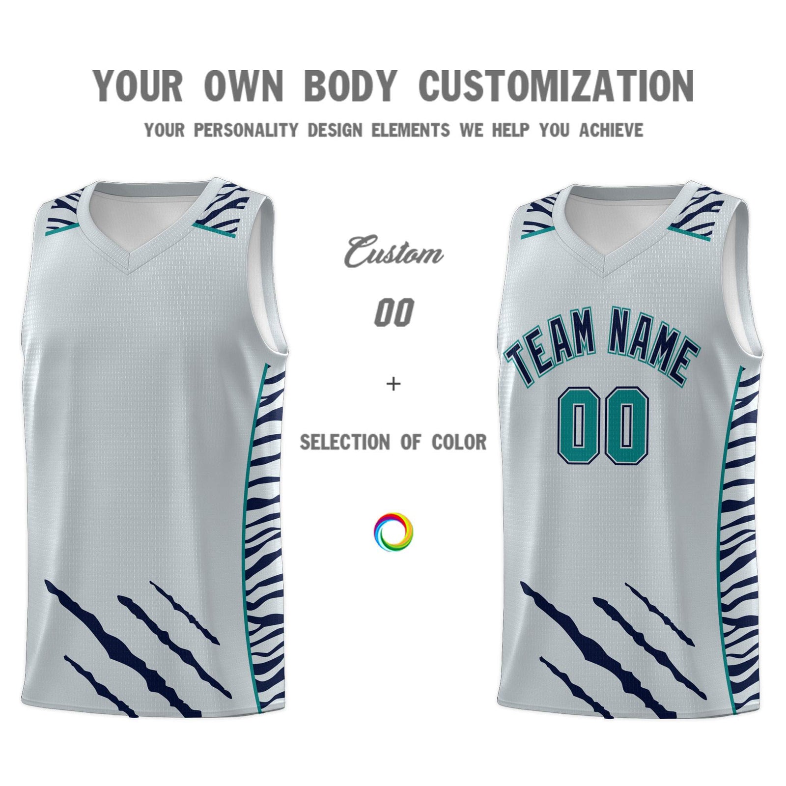 Custom Silver Personalized Tiger Claw Pattern Sports Uniform Basketball Jersey