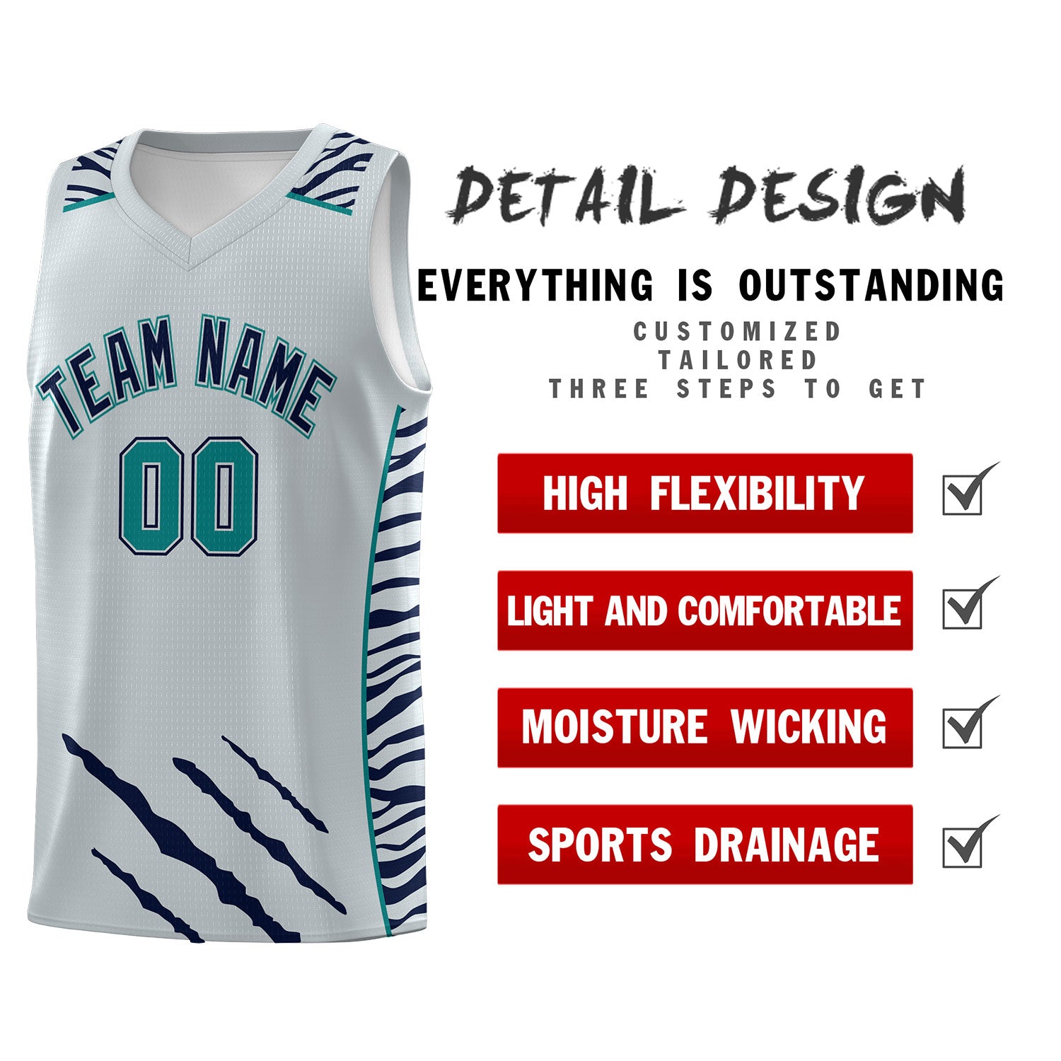 Custom Silver Personalized Tiger Claw Pattern Sports Uniform Basketball Jersey