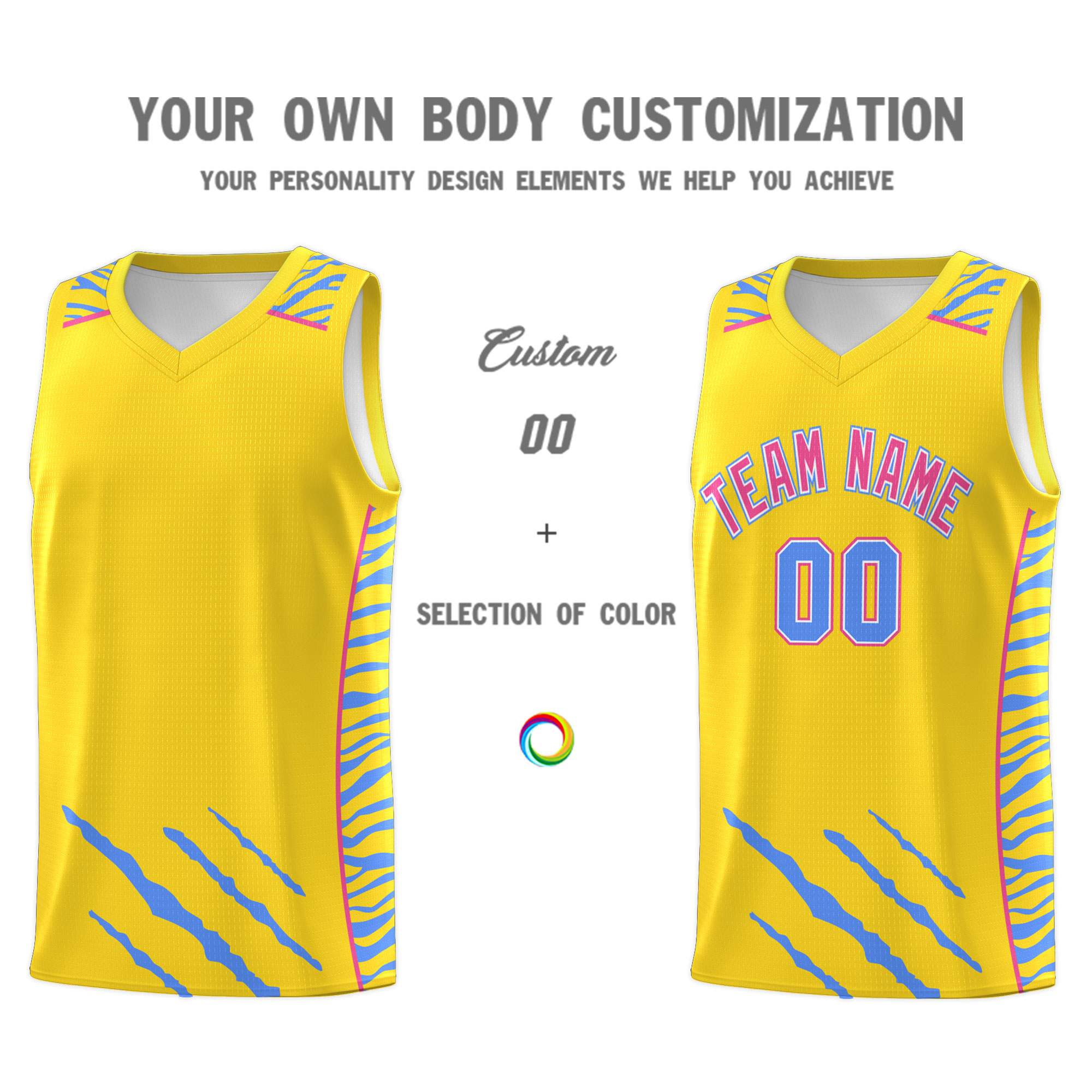 Custom Gold Personalized Tiger Claw Pattern Sports Uniform Basketball Jersey