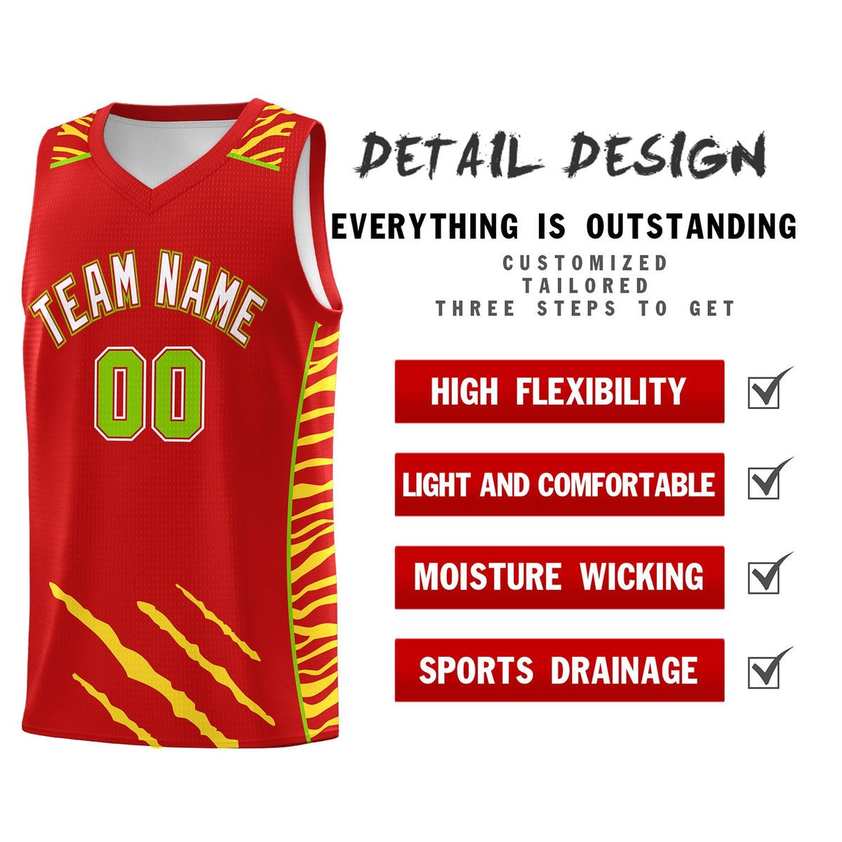 Custom Red Personalized Tiger Claw Pattern Sports Uniform Basketball Jersey