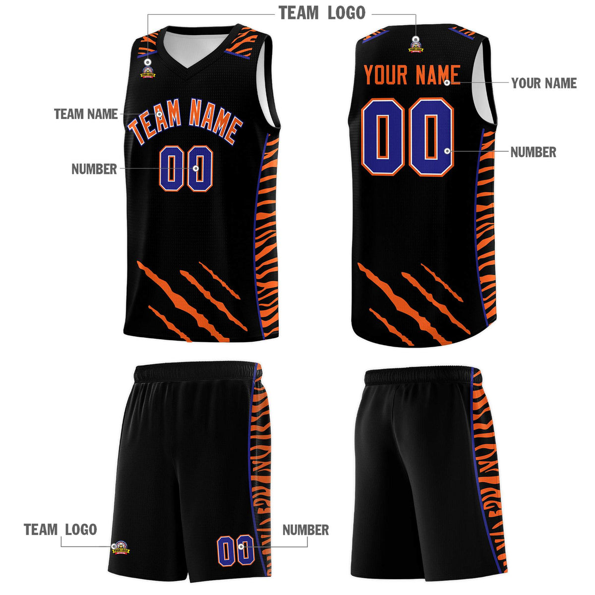 Custom Black Personalized Tiger Claw Pattern Sports Uniform Basketball Jersey