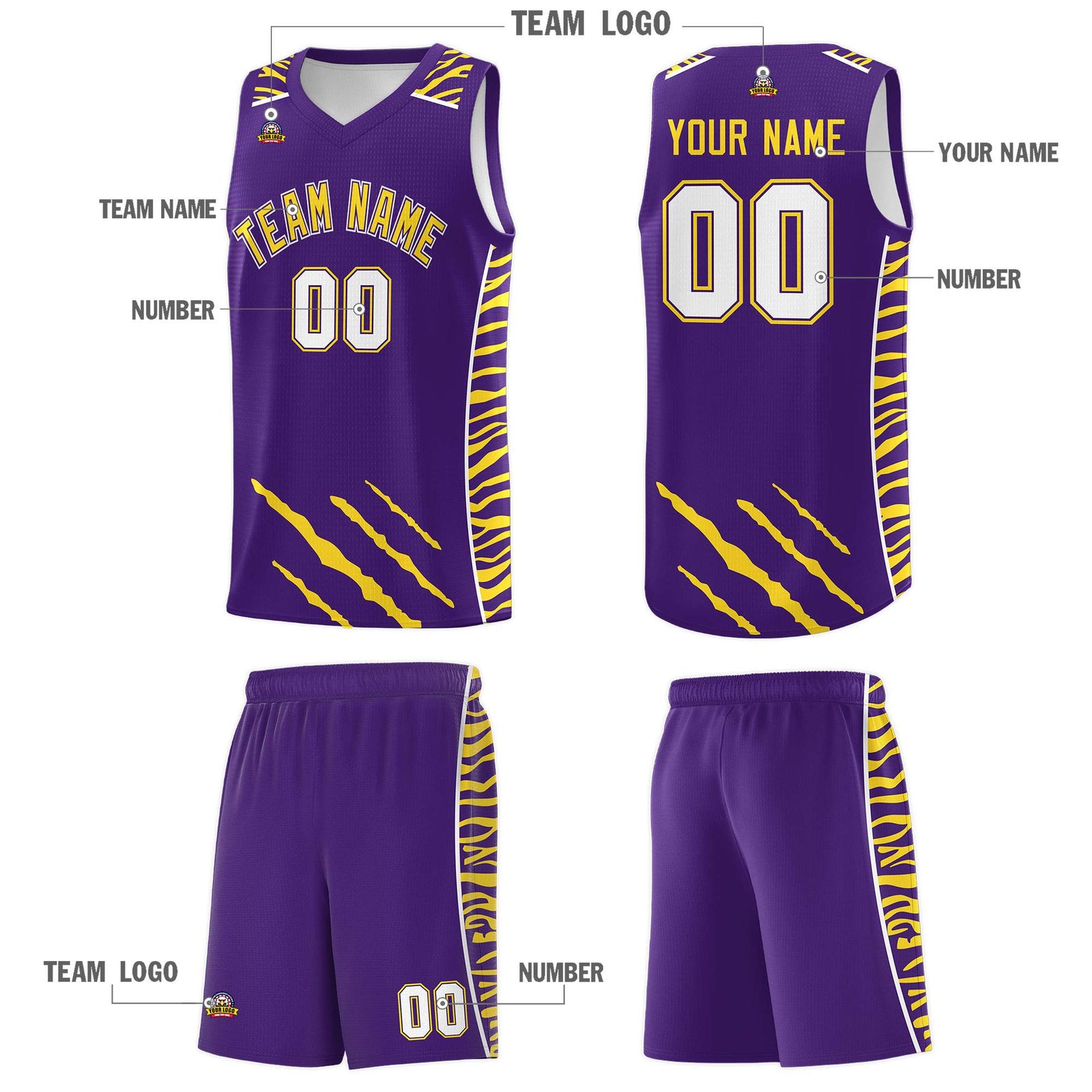 Custom Purple Personalized Tiger Claw Pattern Sports Uniform Basketball Jersey