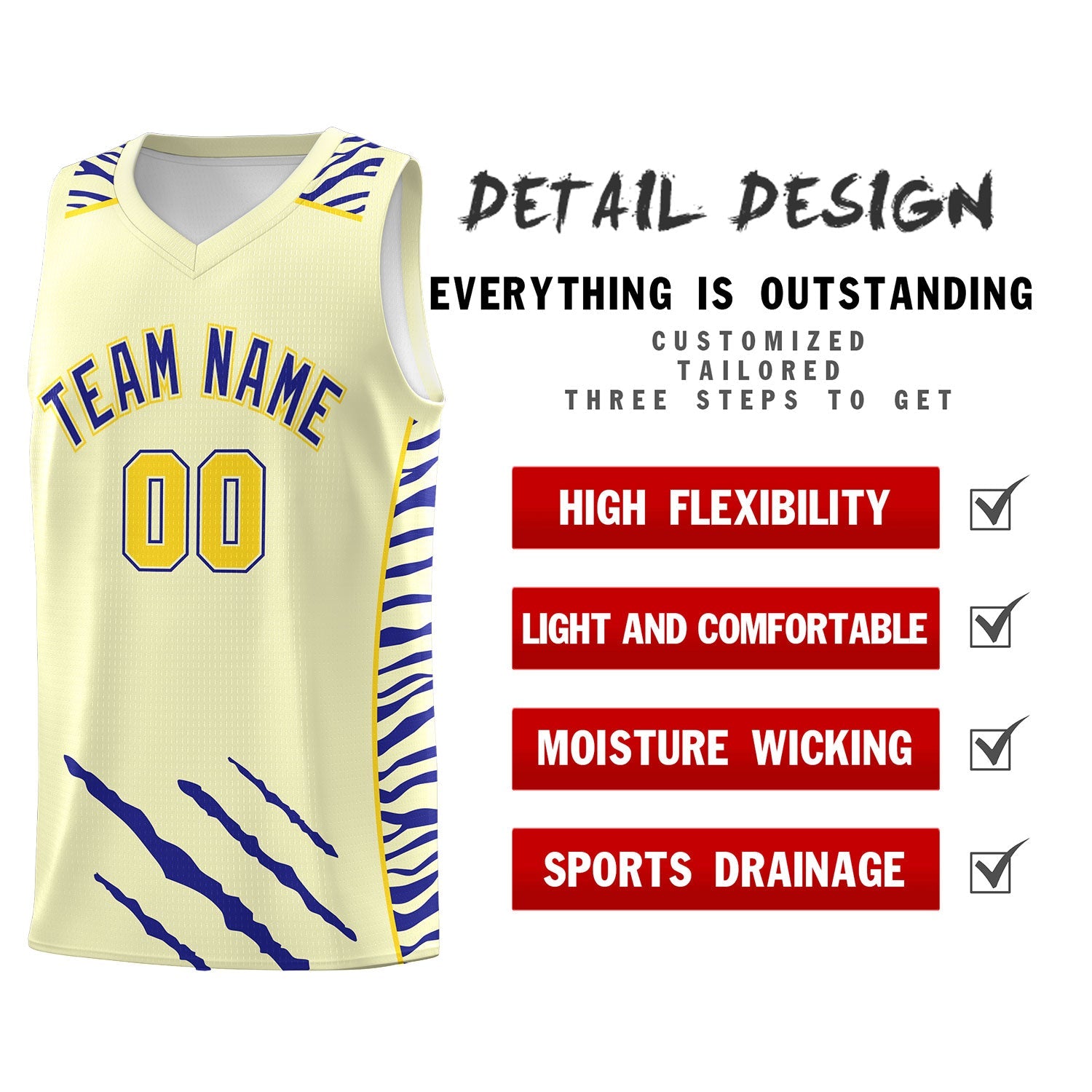 Custom Cream Personalized Tiger Claw Pattern Sports Uniform Basketball Jersey