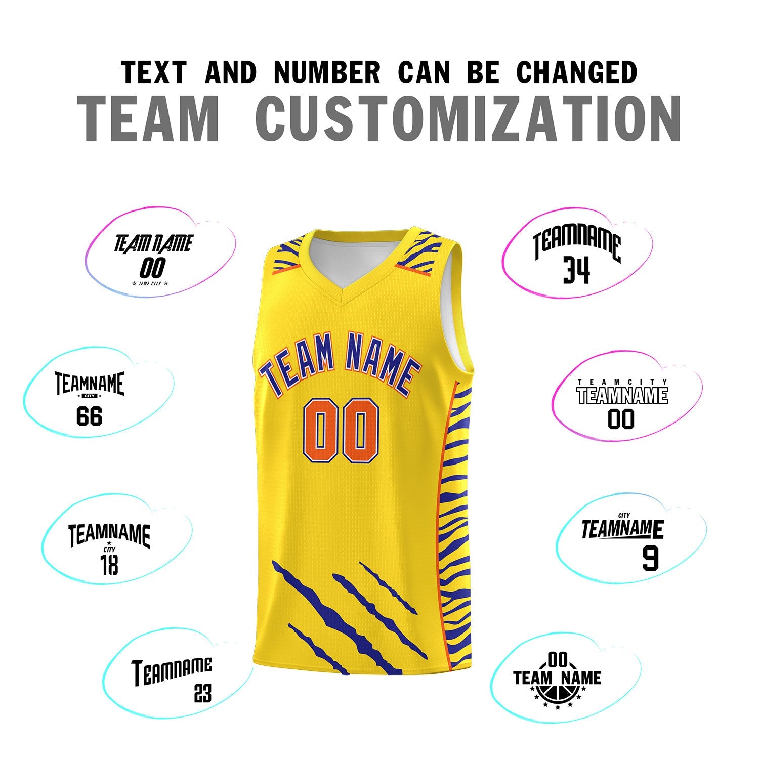 Custom Gold Personalized Tiger Claw Pattern Sports Uniform Basketball Jersey