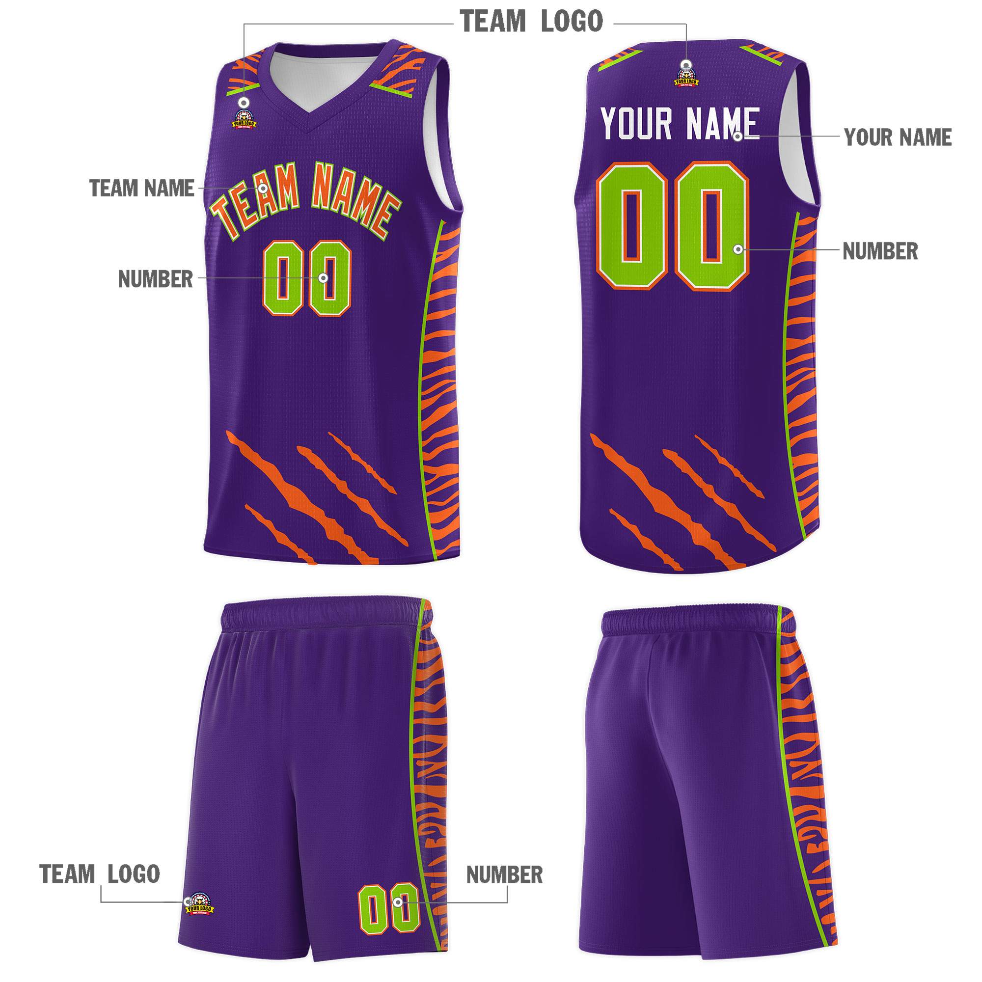 Custom Purple Personalized Tiger Claw Pattern Sports Uniform Basketball Jersey