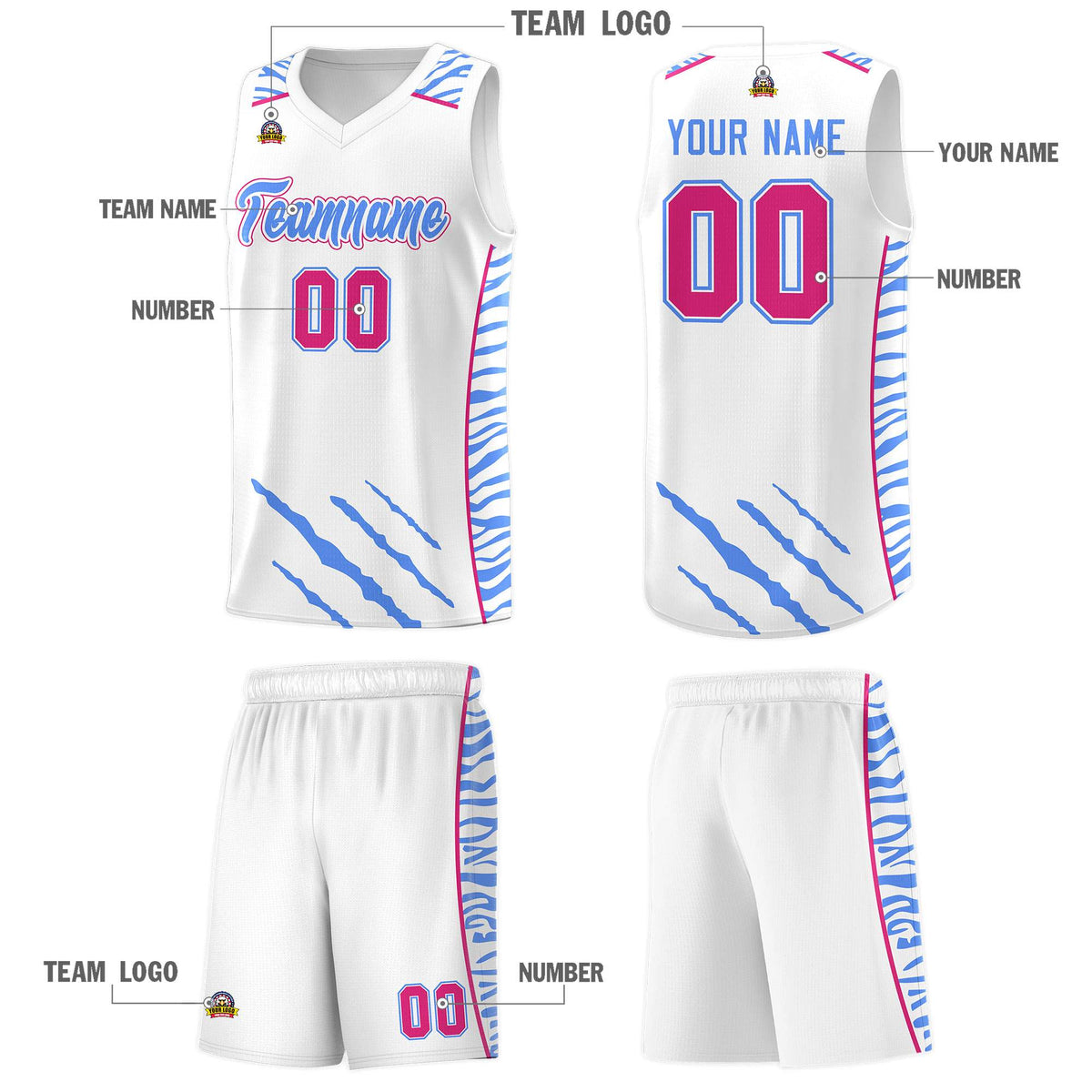 Custom White Personalized Tiger Claw Pattern Sports Uniform Basketball Jersey