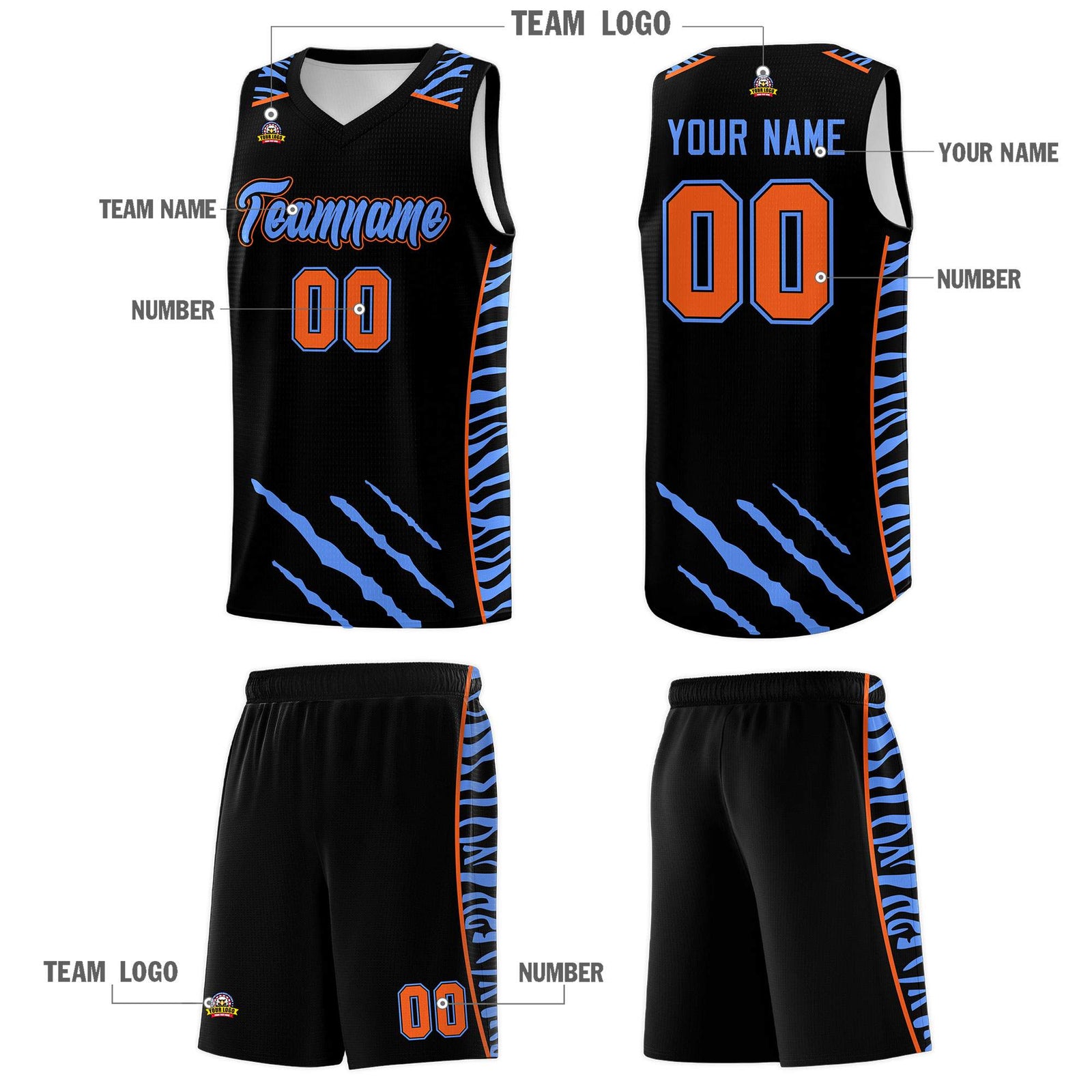Custom Black Personalized Tiger Claw Pattern Sports Uniform Basketball Jersey