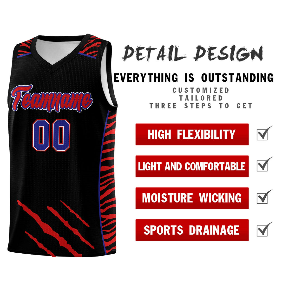 Custom Black Personalized Tiger Claw Pattern Sports Uniform Basketball Jersey
