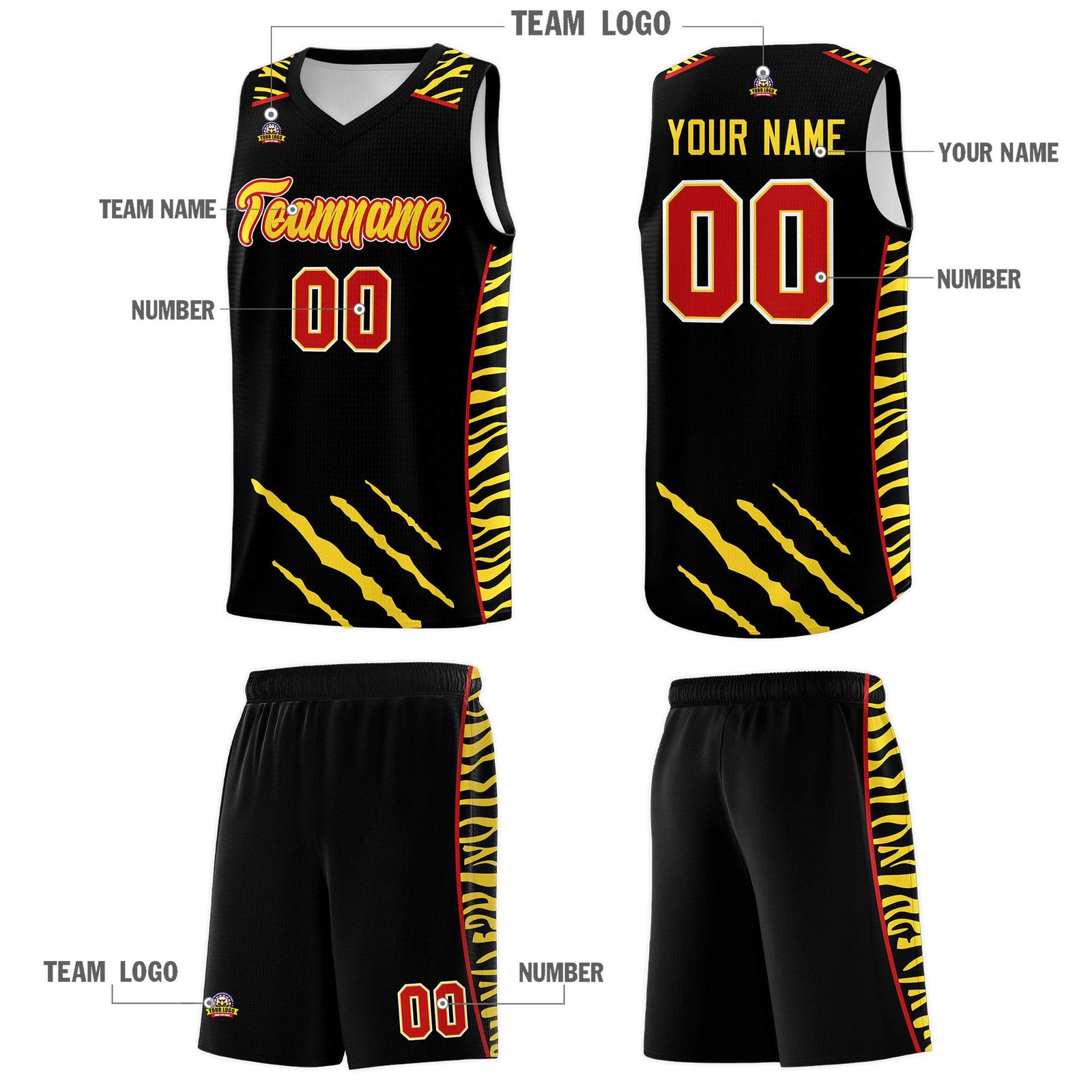 Custom Black Personalized Tiger Claw Pattern Sports Uniform Basketball Jersey
