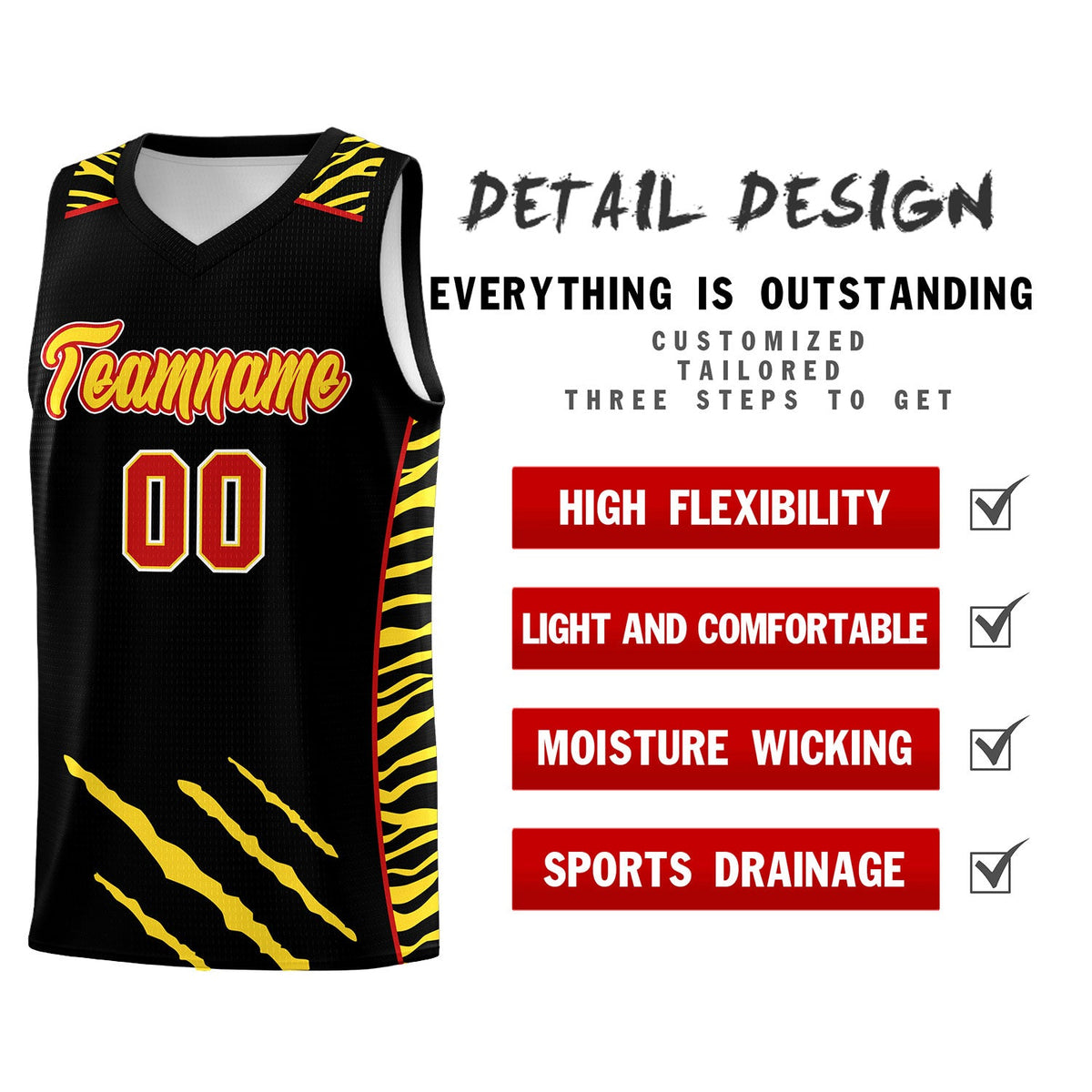 Custom Black Personalized Tiger Claw Pattern Sports Uniform Basketball Jersey