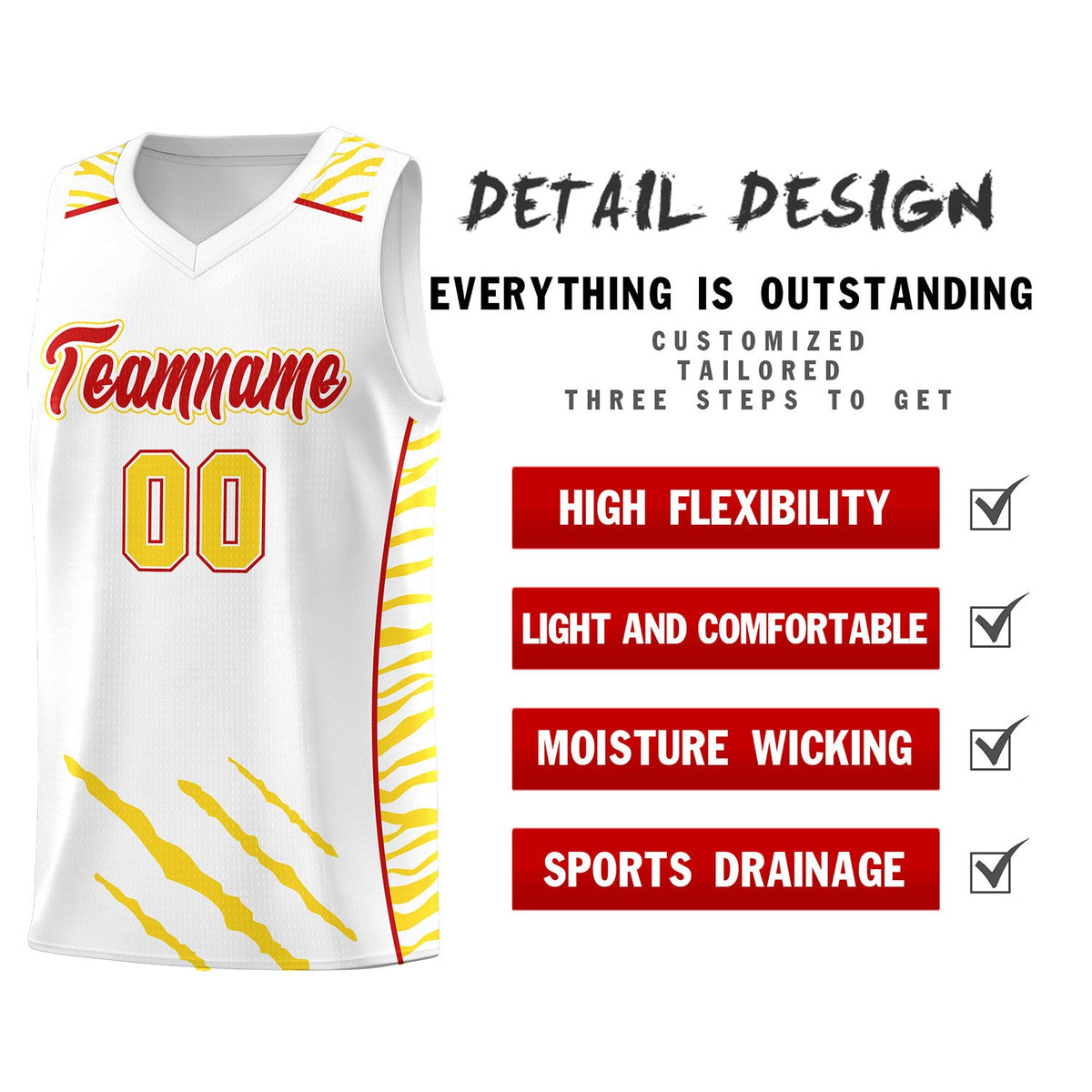 Custom White Personalized Tiger Claw Pattern Sports Uniform Basketball Jersey