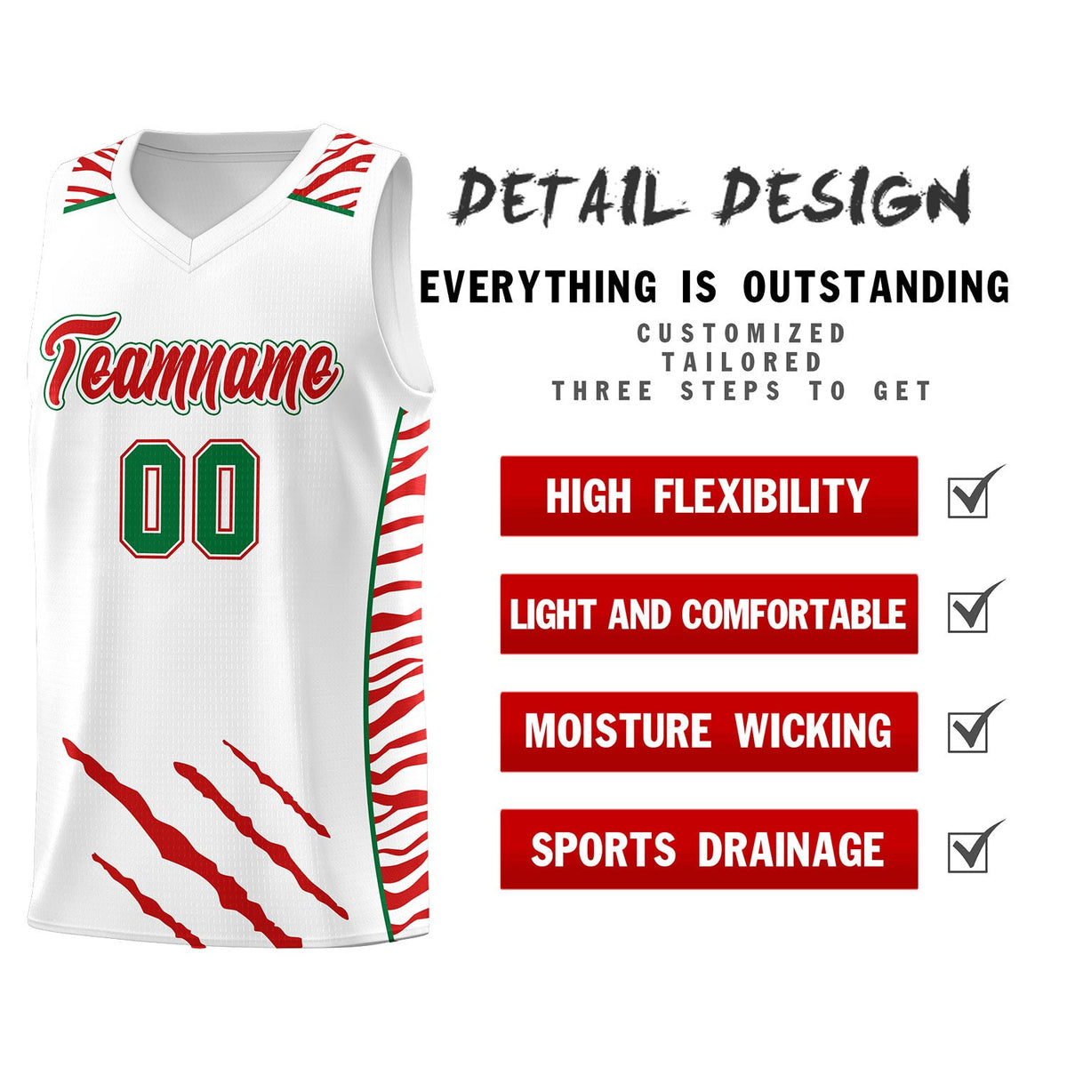 Custom White Personalized Tiger Claw Pattern Sports Uniform Basketball Jersey