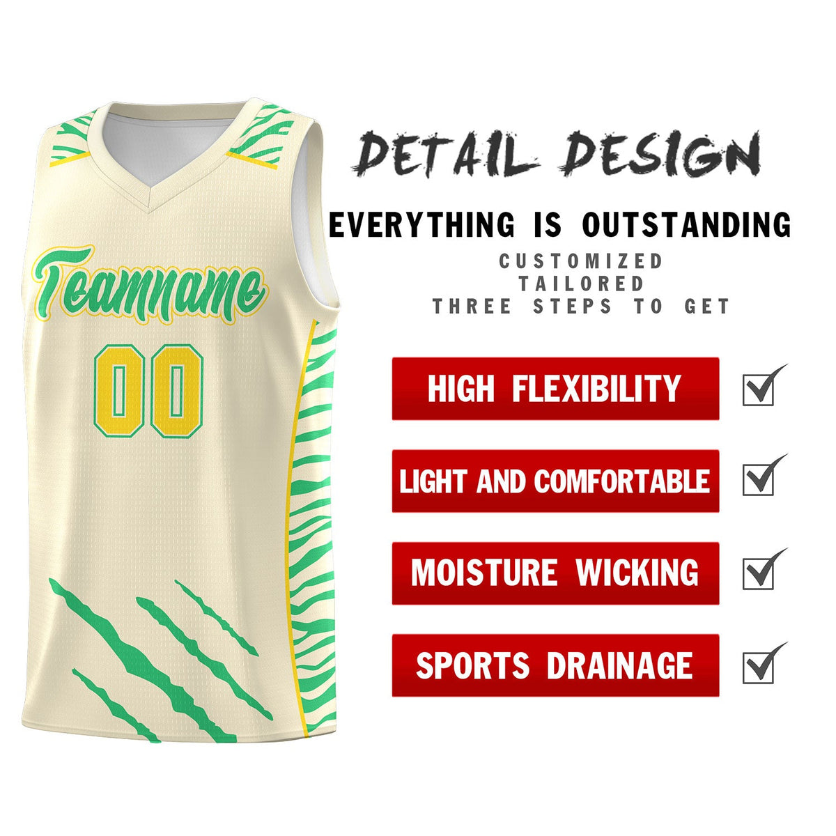 Custom Cream Personalized Tiger Claw Pattern Sports Uniform Basketball Jersey