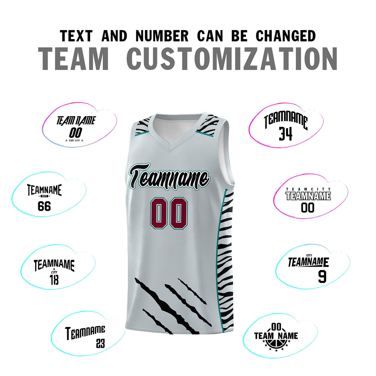 Custom Silver Personalized Tiger Claw Pattern Sports Uniform Basketball Jersey