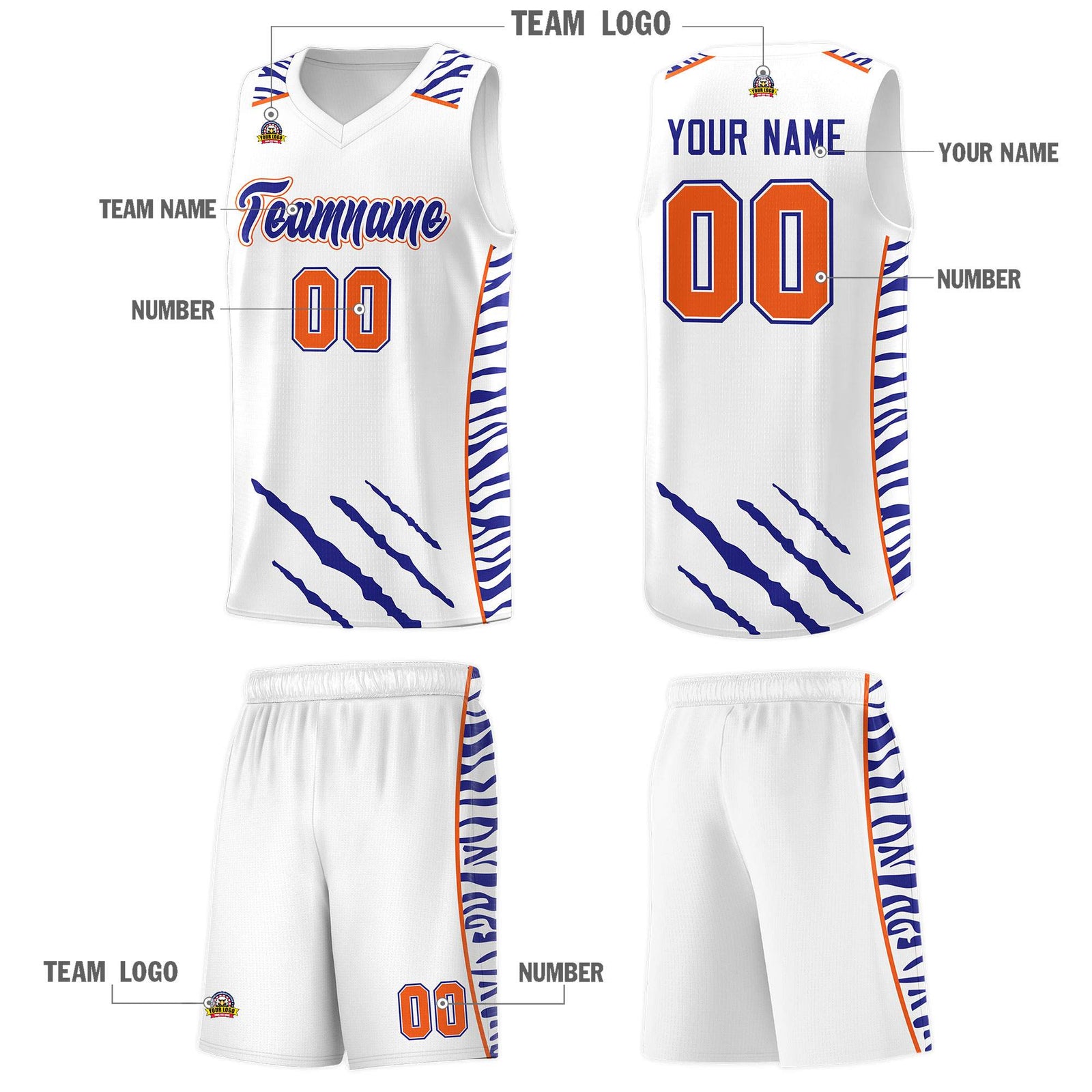 Custom White Personalized Tiger Claw Pattern Sports Uniform Basketball Jersey