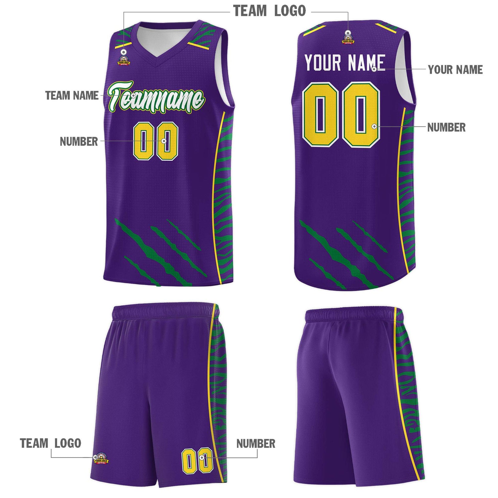 Custom Purple Personalized Tiger Claw Pattern Sports Uniform Basketball Jersey