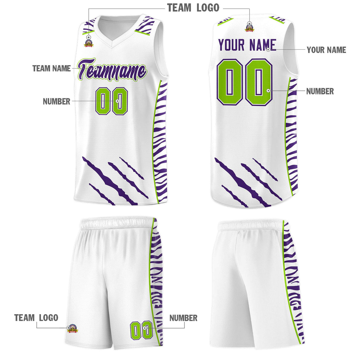 Custom White Personalized Tiger Claw Pattern Sports Uniform Basketball Jersey