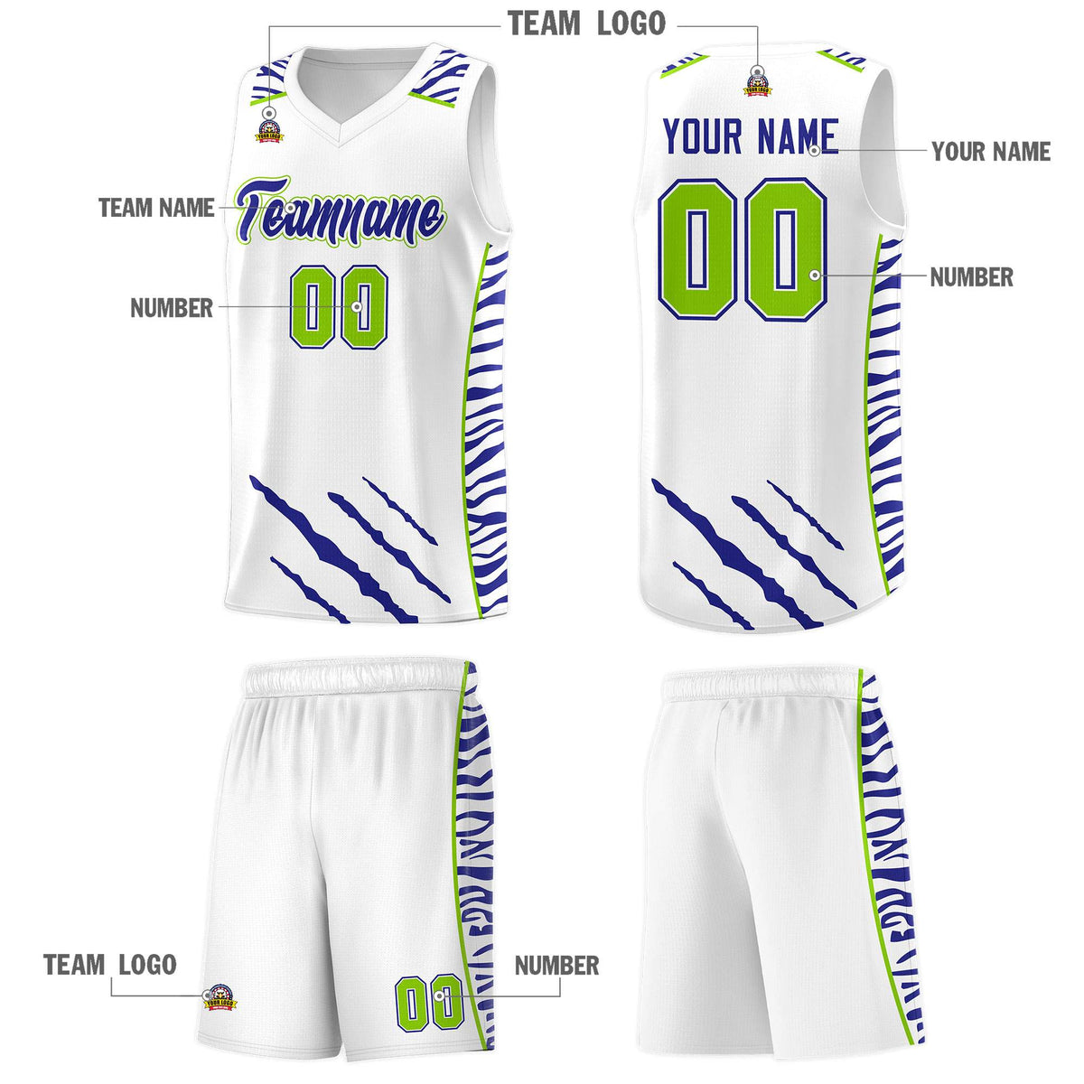 Custom White Personalized Tiger Claw Pattern Sports Uniform Basketball Jersey