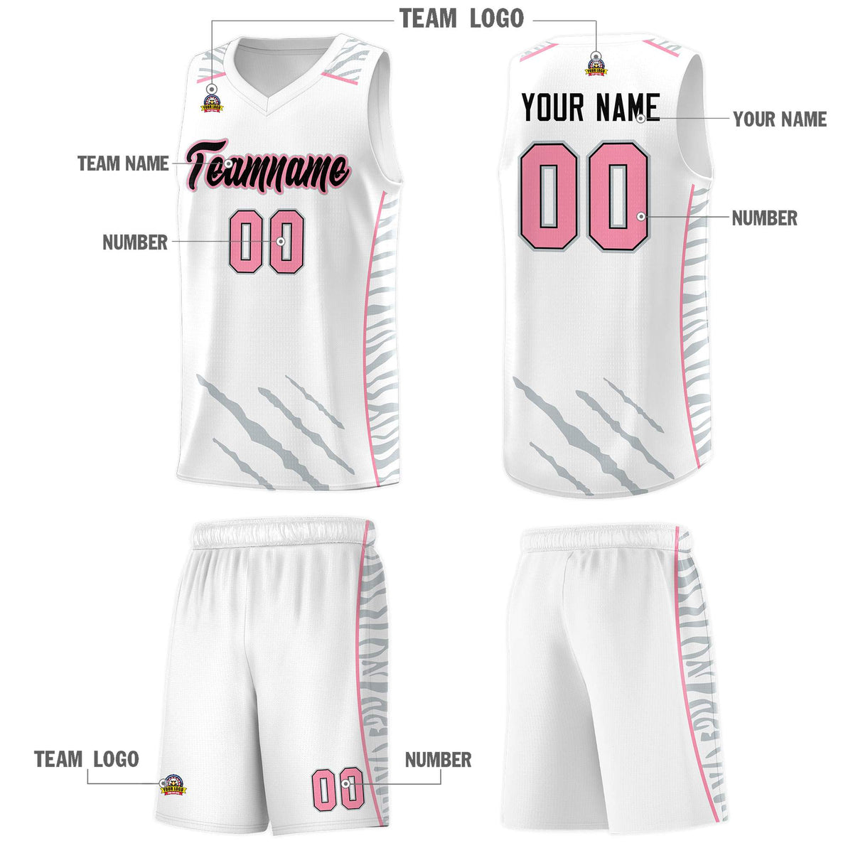 Custom White Personalized Tiger Claw Pattern Sports Uniform Basketball Jersey