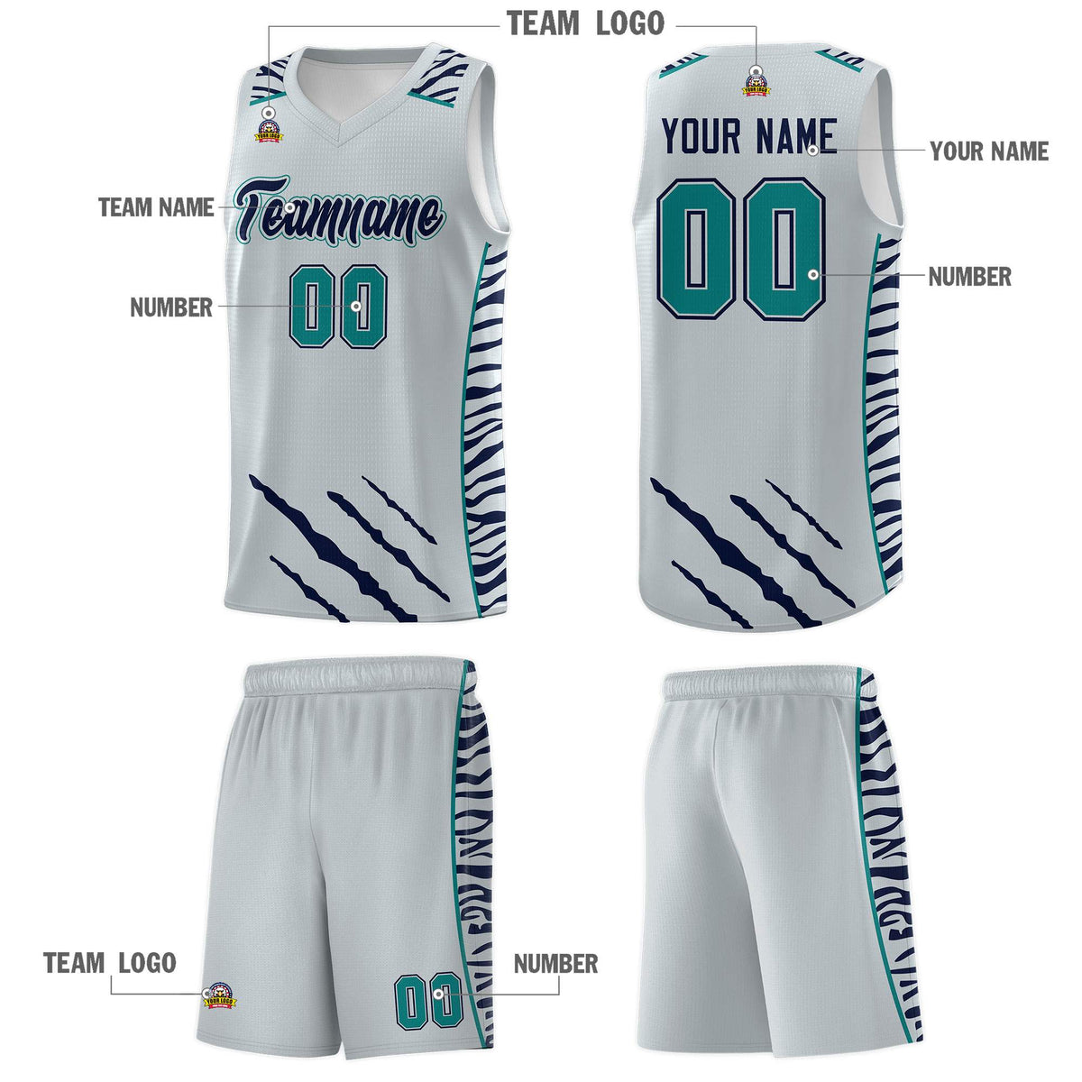 Custom Silver Personalized Tiger Claw Pattern Sports Uniform Basketball Jersey