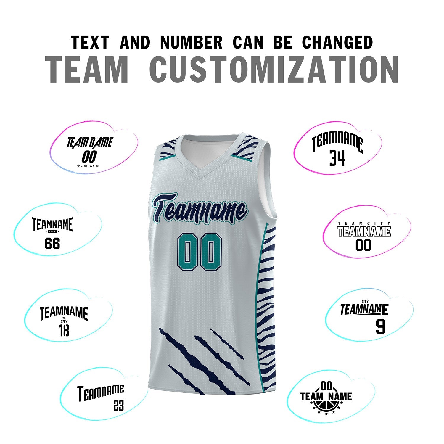 Custom Silver Personalized Tiger Claw Pattern Sports Uniform Basketball Jersey