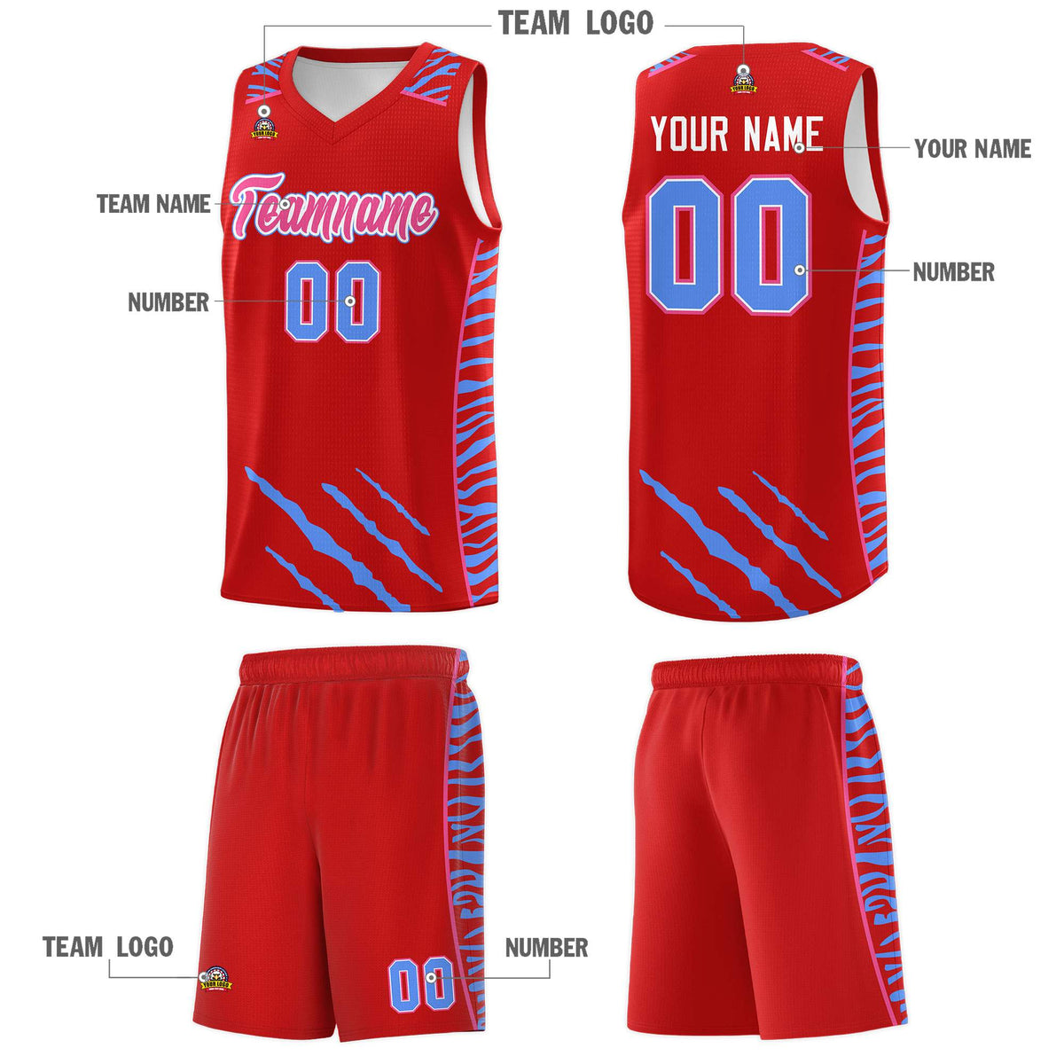 Custom Red Personalized Tiger Claw Pattern Sports Uniform Basketball Jersey