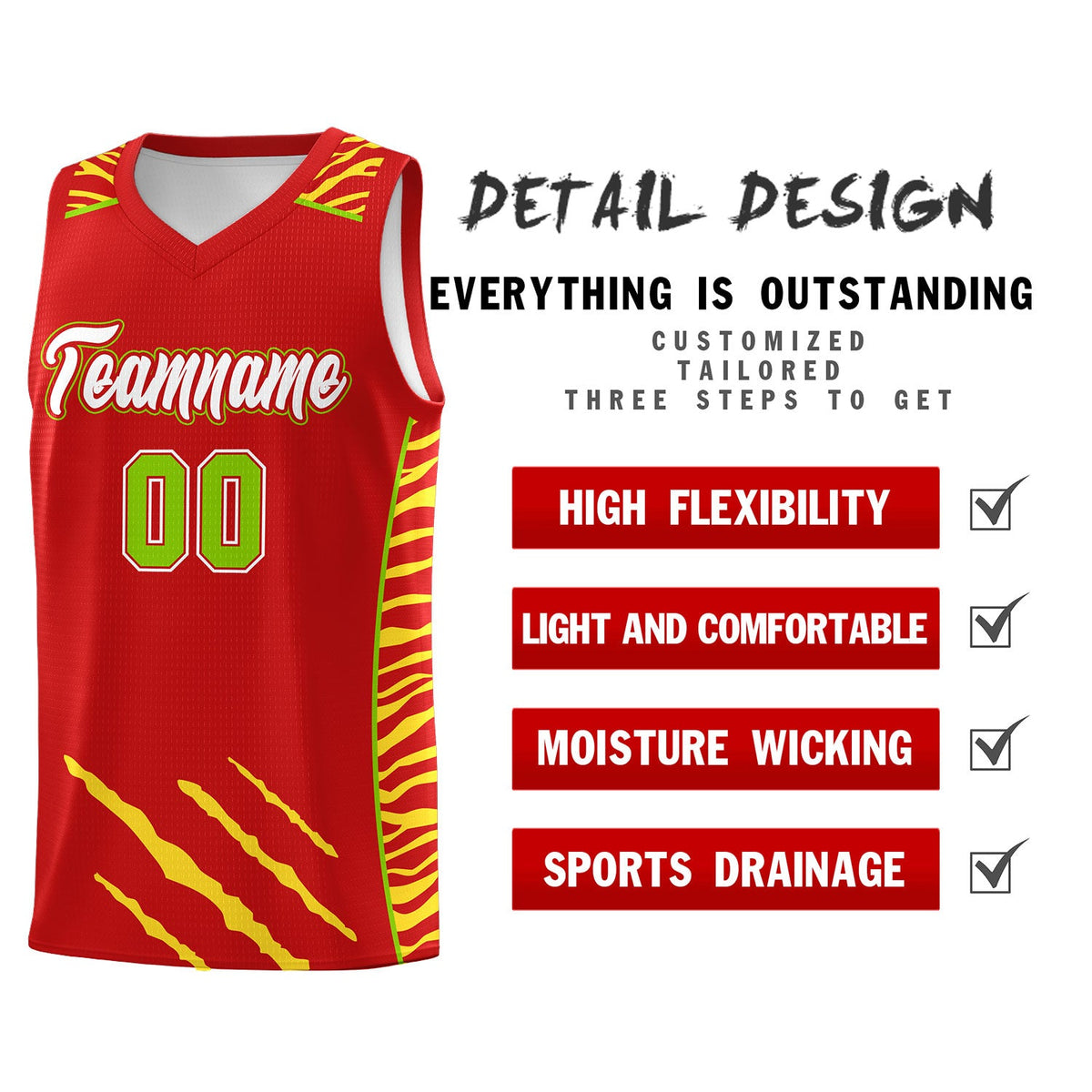 Custom Red Personalized Tiger Claw Pattern Sports Uniform Basketball Jersey