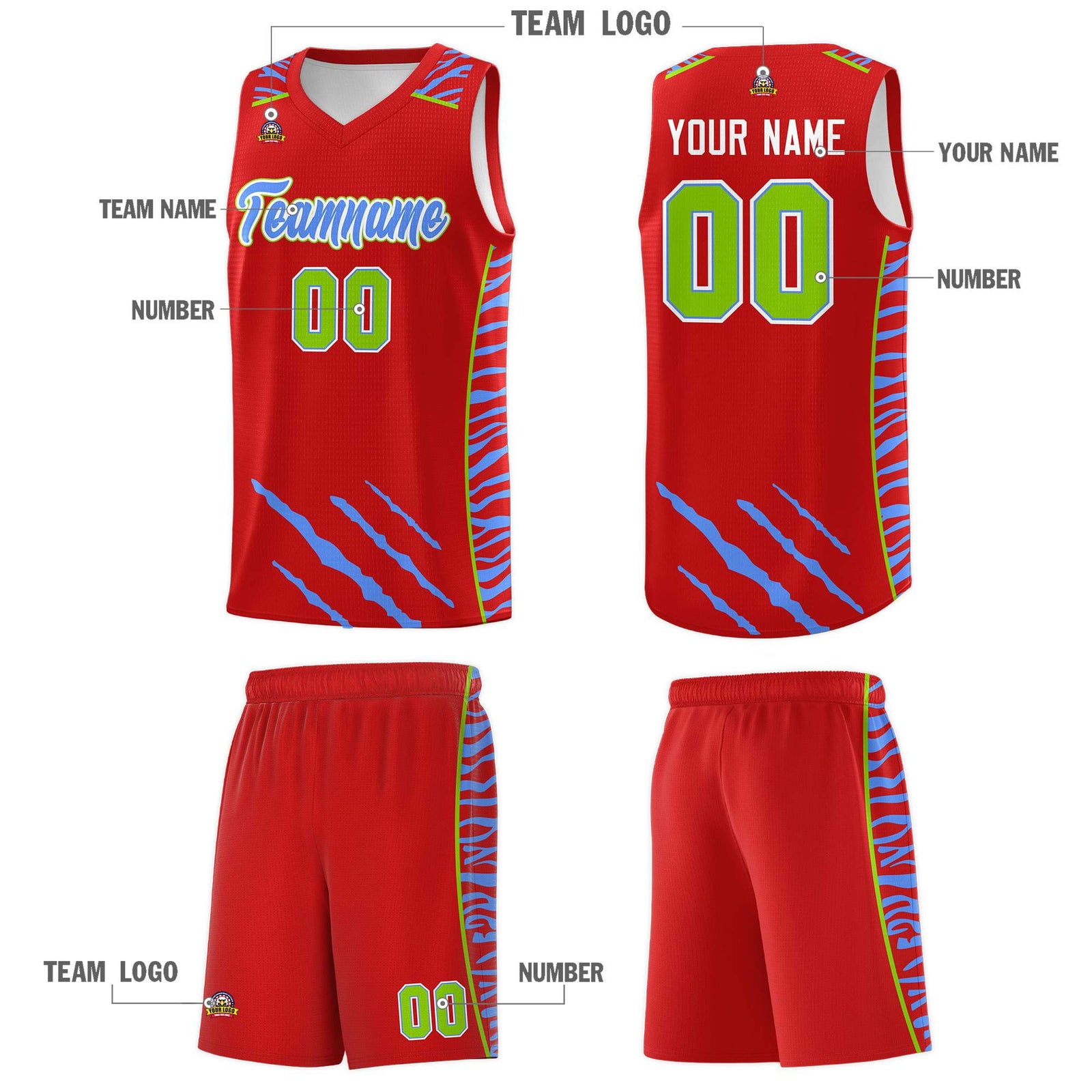 Custom Red Personalized Tiger Claw Pattern Sports Uniform Basketball Jersey