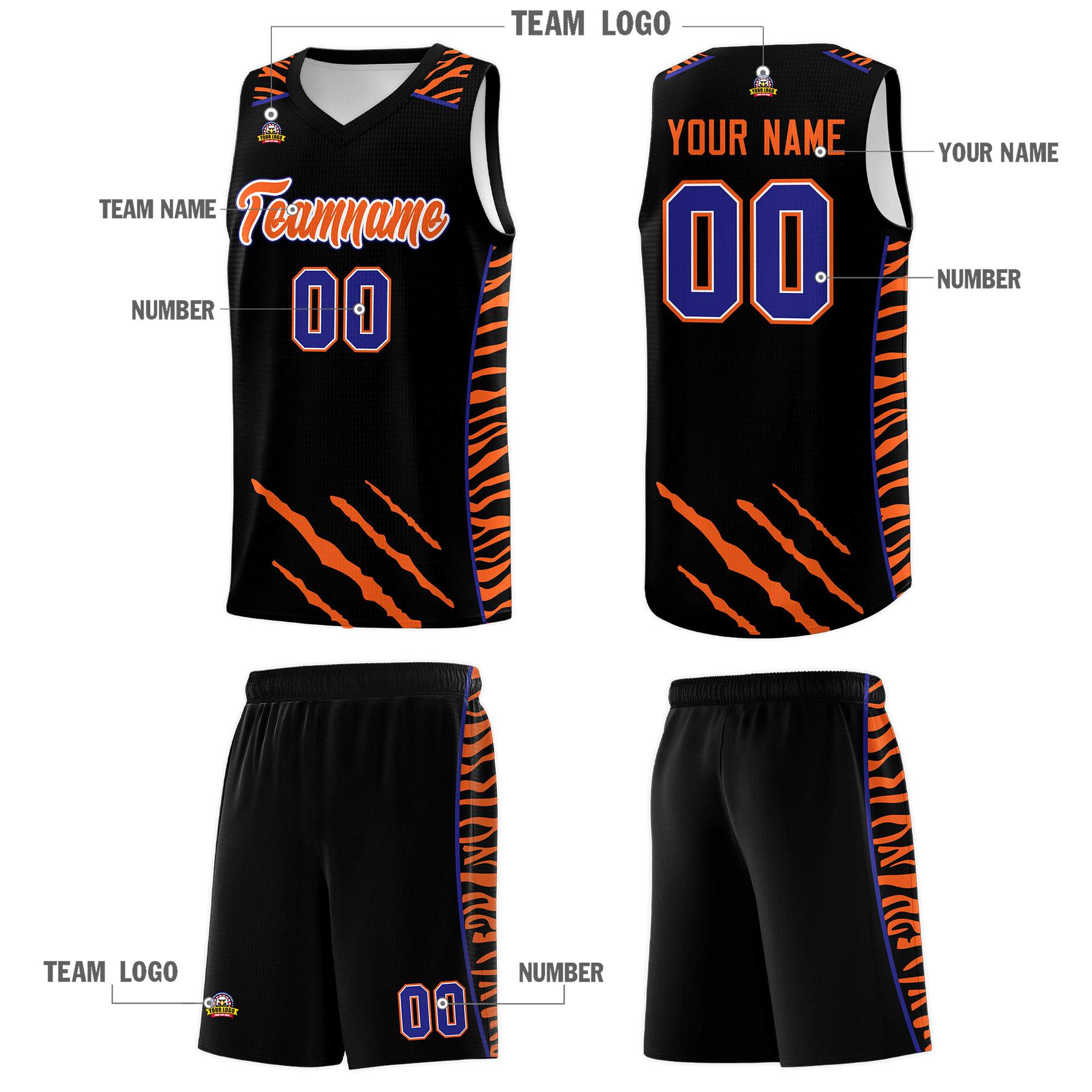 Custom Black Personalized Tiger Claw Pattern Sports Uniform Basketball Jersey